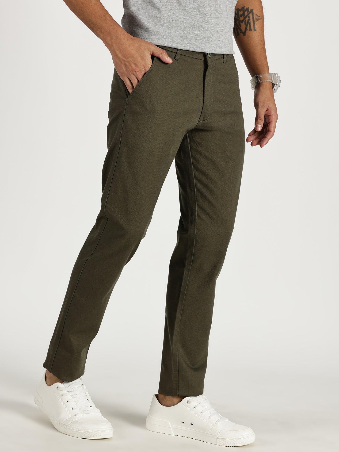 MEN'S OLIVE REGULAR FIT TROUSER WITH CROSS POCKET