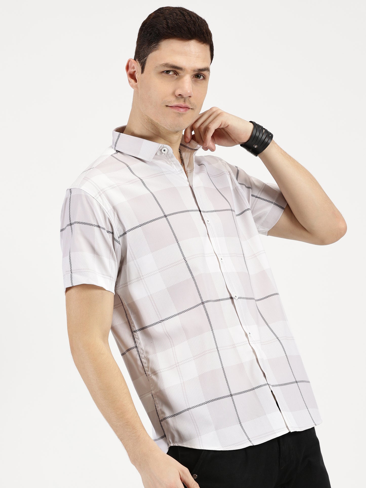 GREY CHECKERED CLASSIC COLLAR HALF SLEEVE SHIRT