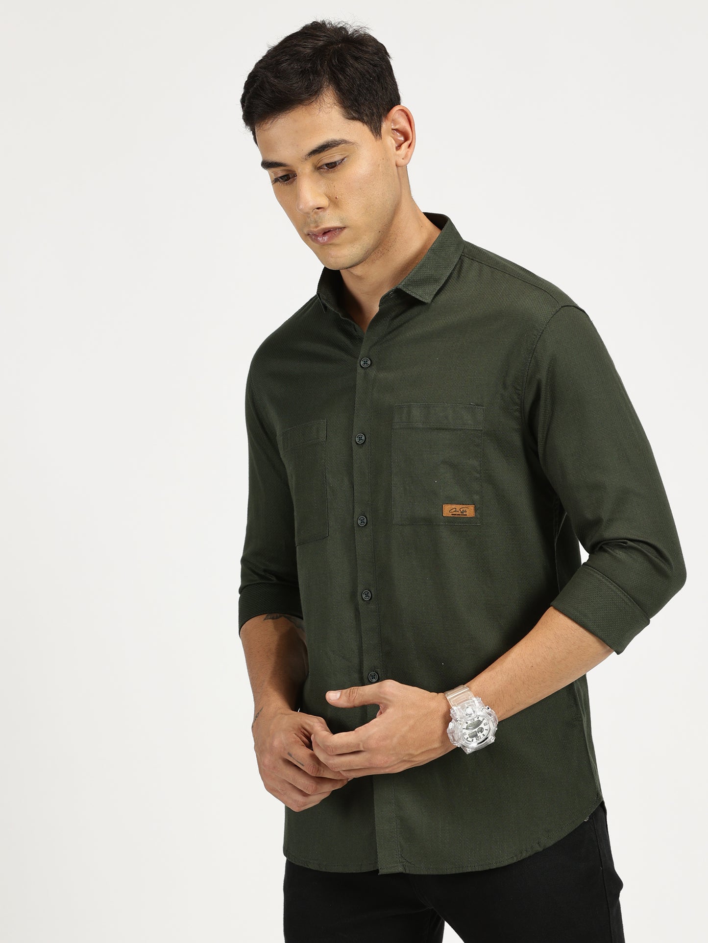 GREEN SOLID CLASSIC COLLAR FULL SLEEVE SHIRT