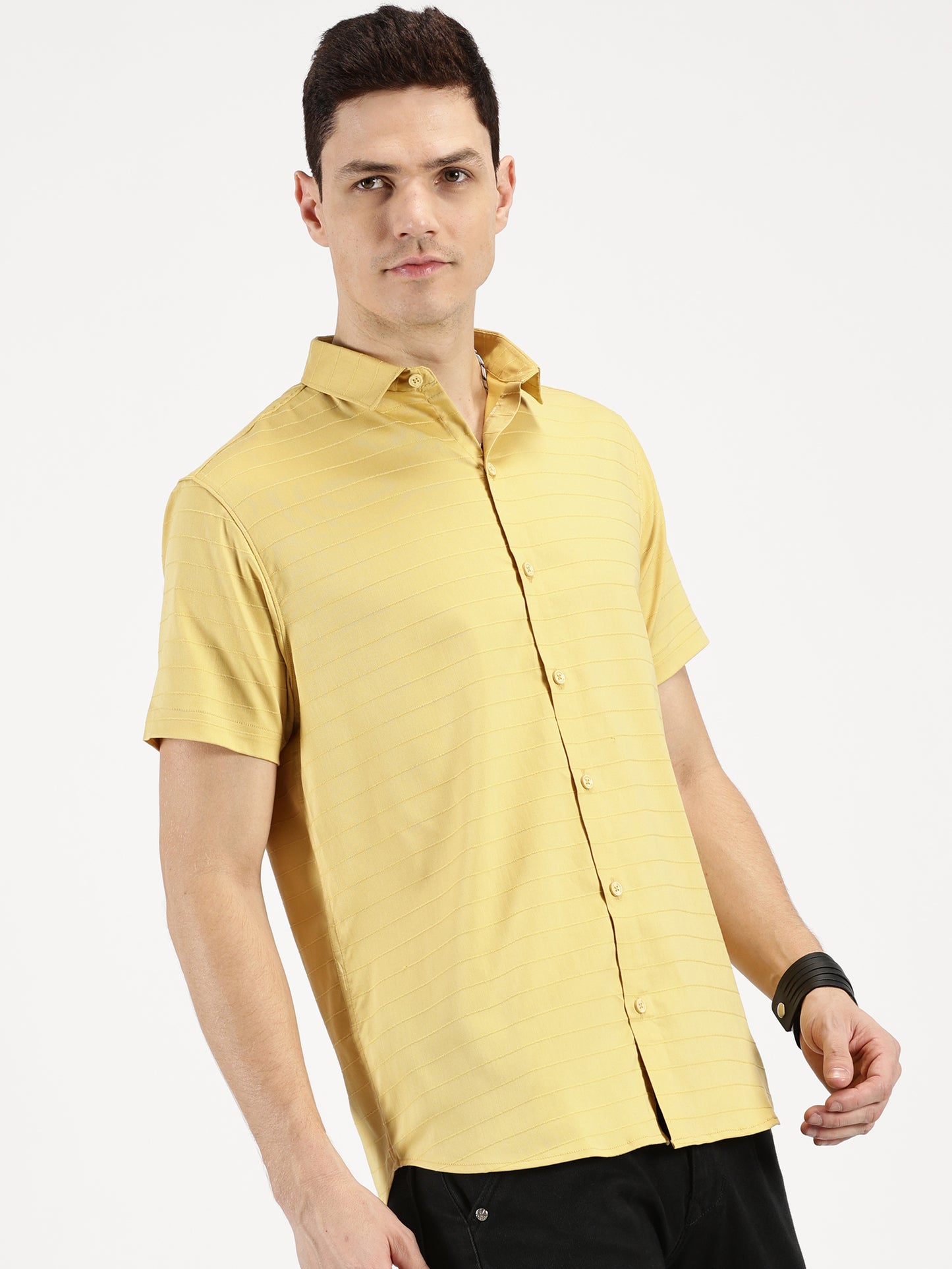 YELLOW SELF STRIPE CLASSIC COLLAR HALF SLEEVE SHIRT