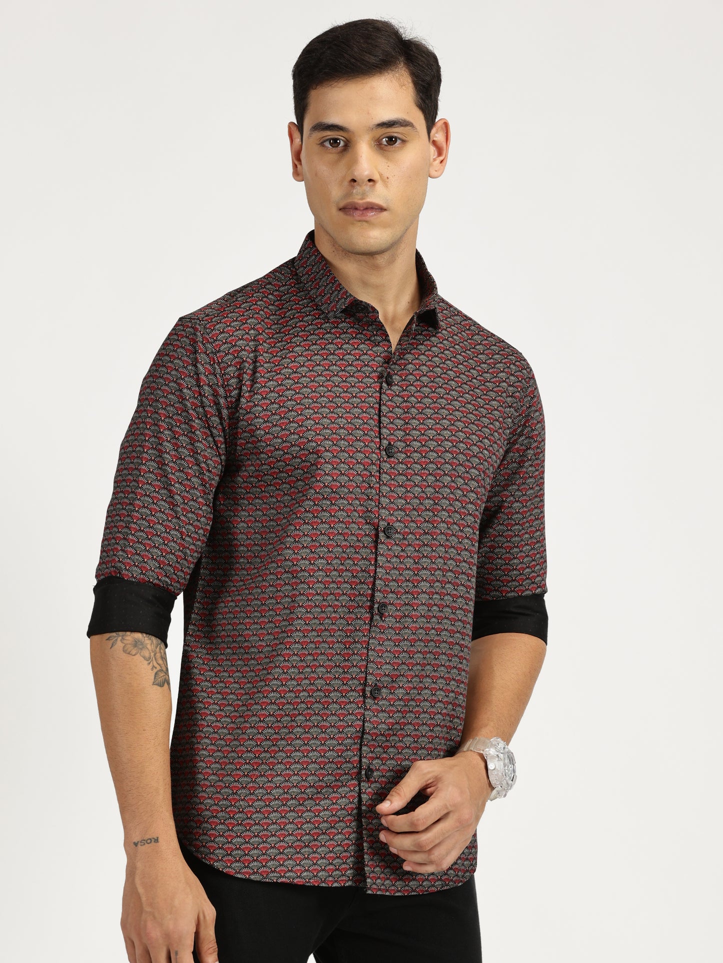 SHELL PRINTED RED BLACK CLASSIC COLLAR FULL SLEEVE SHIRT