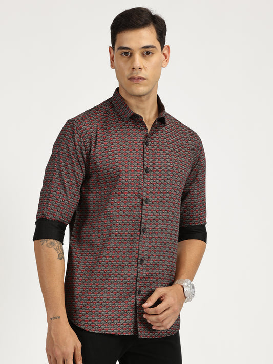 SHELL PRINTED RED BLACK CLASSIC COLLAR FULL SLEEVE SHIRT