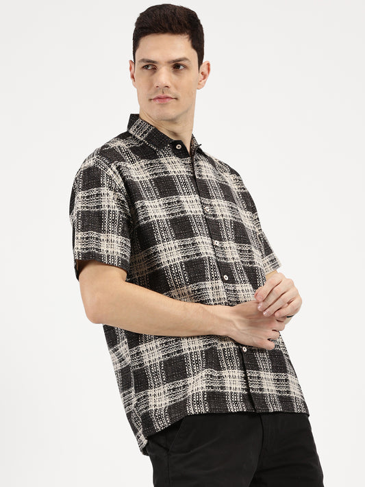 ABSTRACT CHEKERED BLACK OFFWHITE CLASSIC COLLAR HALF SLEEVE OVERSIZE SHIRT