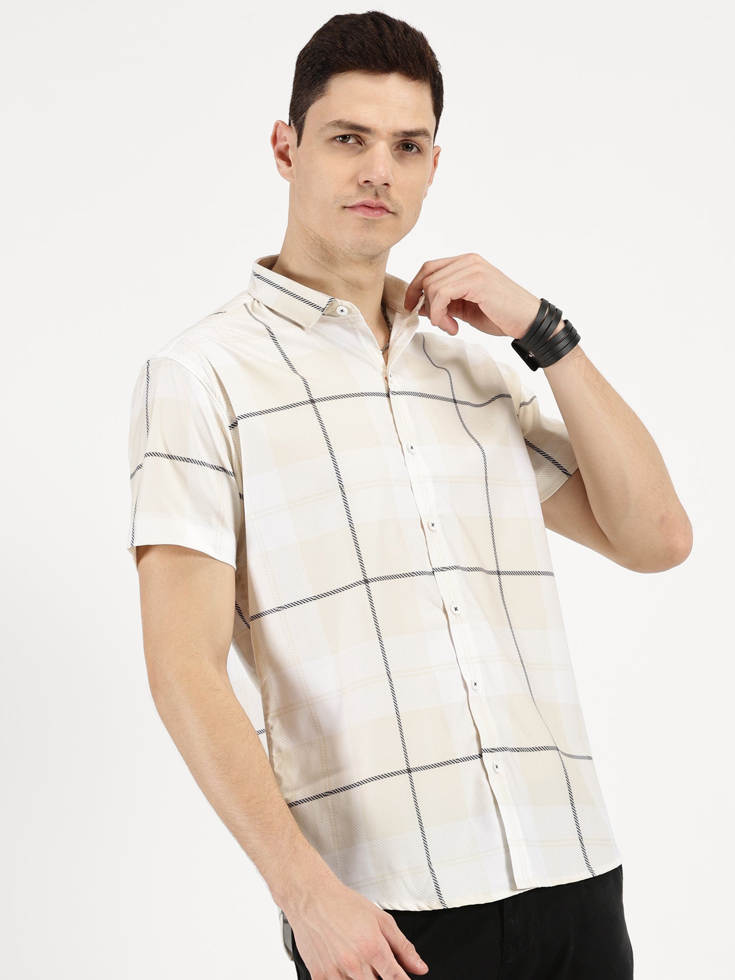 YELLOW CHECKERED CLASSIC COLLAR HALF SLEEVE SHIRT