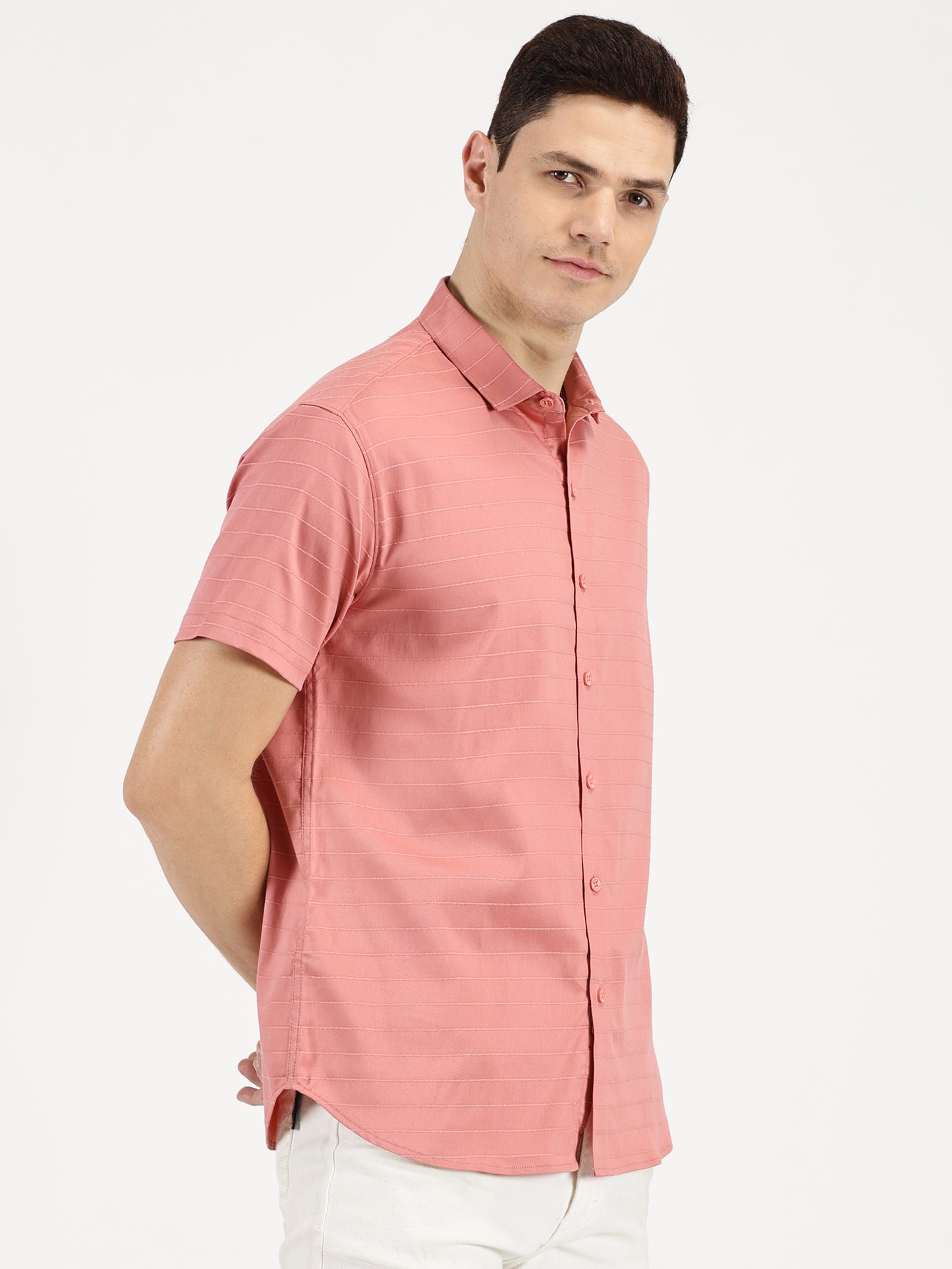 PINK SELF STRIPE CLASSIC COLLAR HALF SLEEVE SHIRT