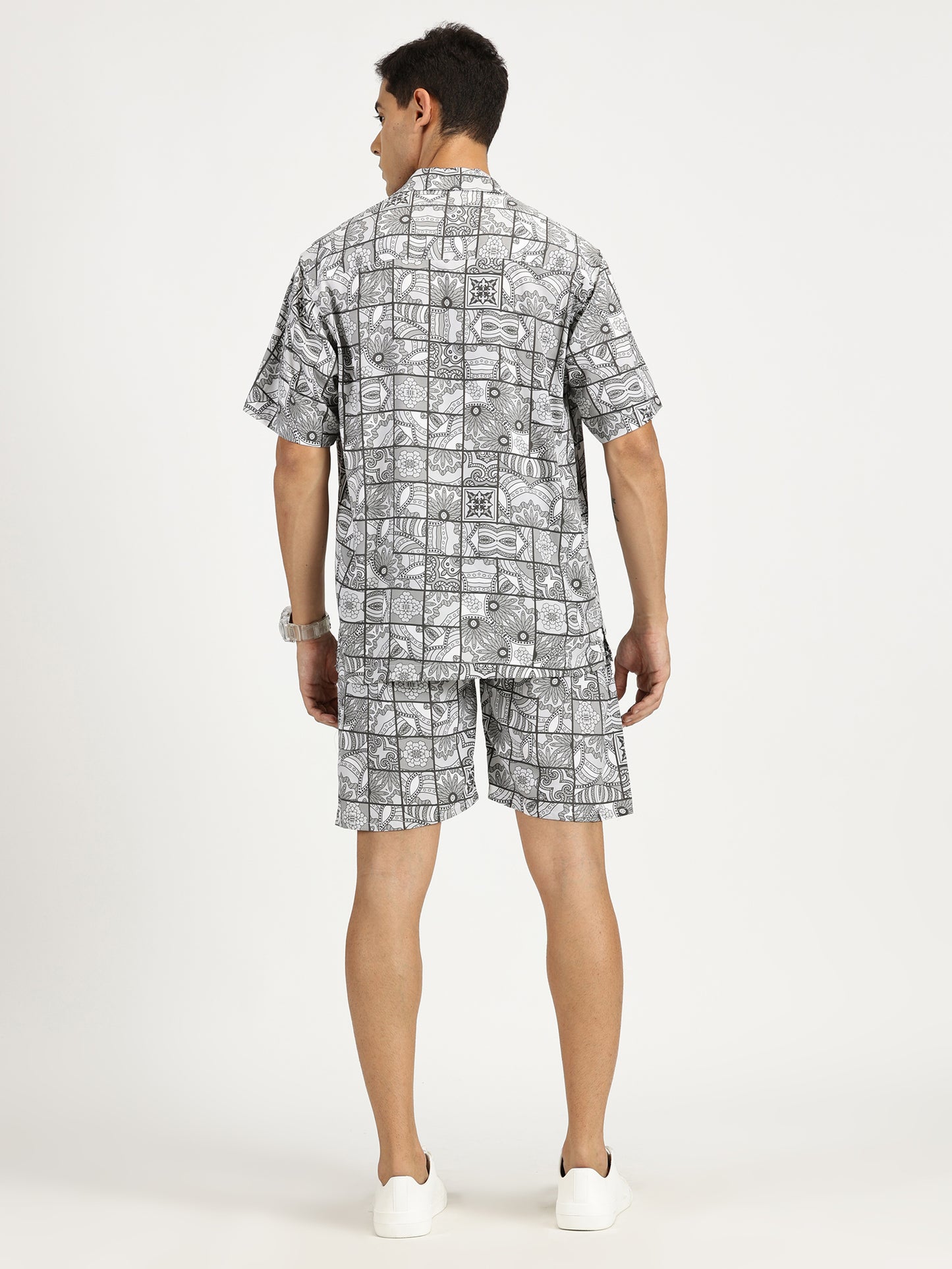 ABSTRACT PRINTED WHITE-GREY CO-ORDS SET