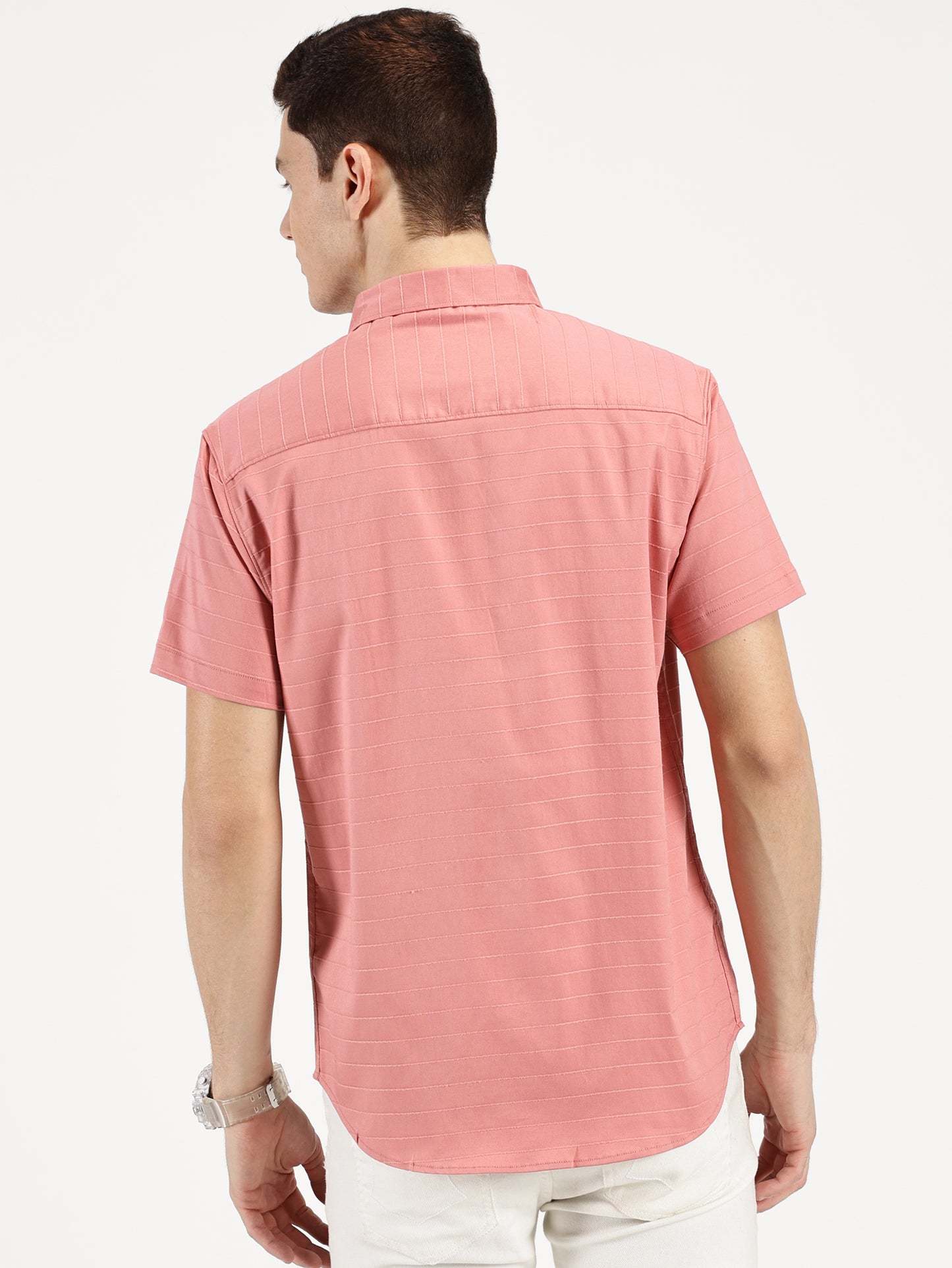 PINK SELF STRIPE CLASSIC COLLAR HALF SLEEVE SHIRT