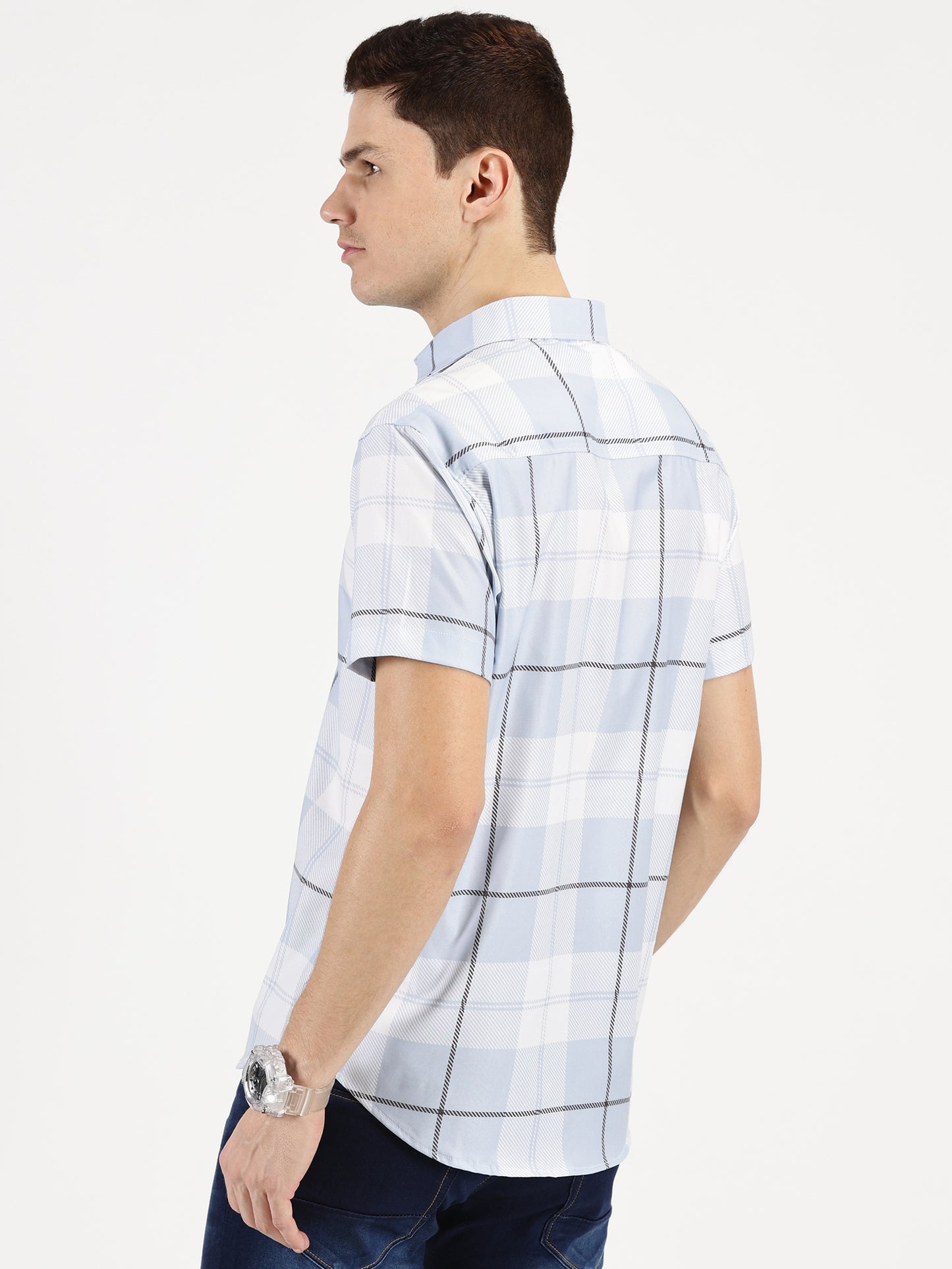 BLUE CHECKERED CLASSIC COLLAR HALF SLEEVE SHIRT