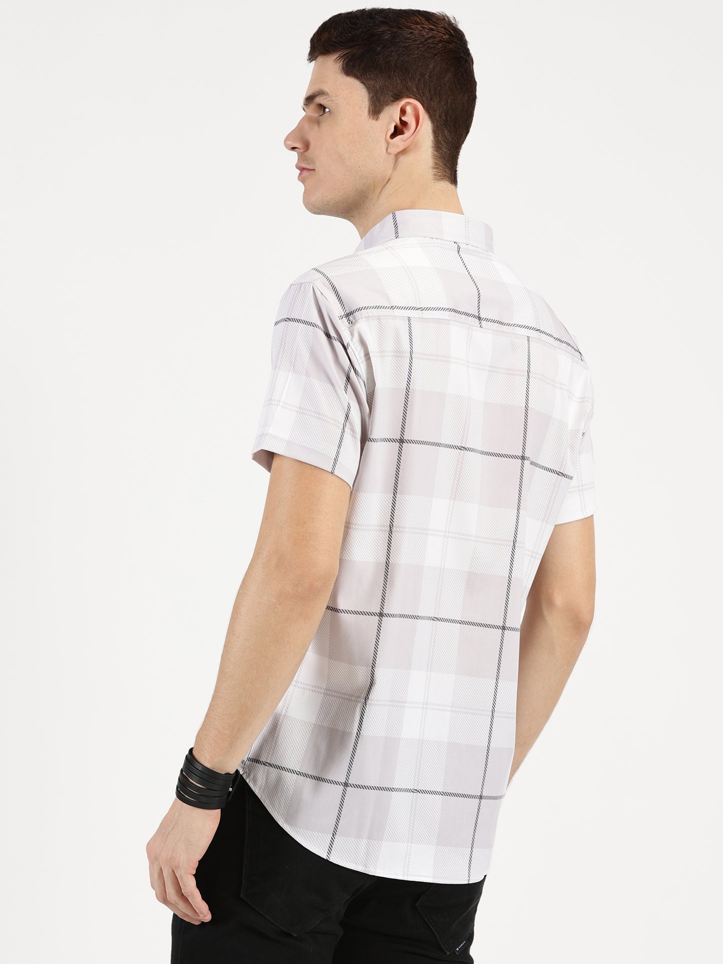 GREY CHECKERED CLASSIC COLLAR HALF SLEEVE SHIRT