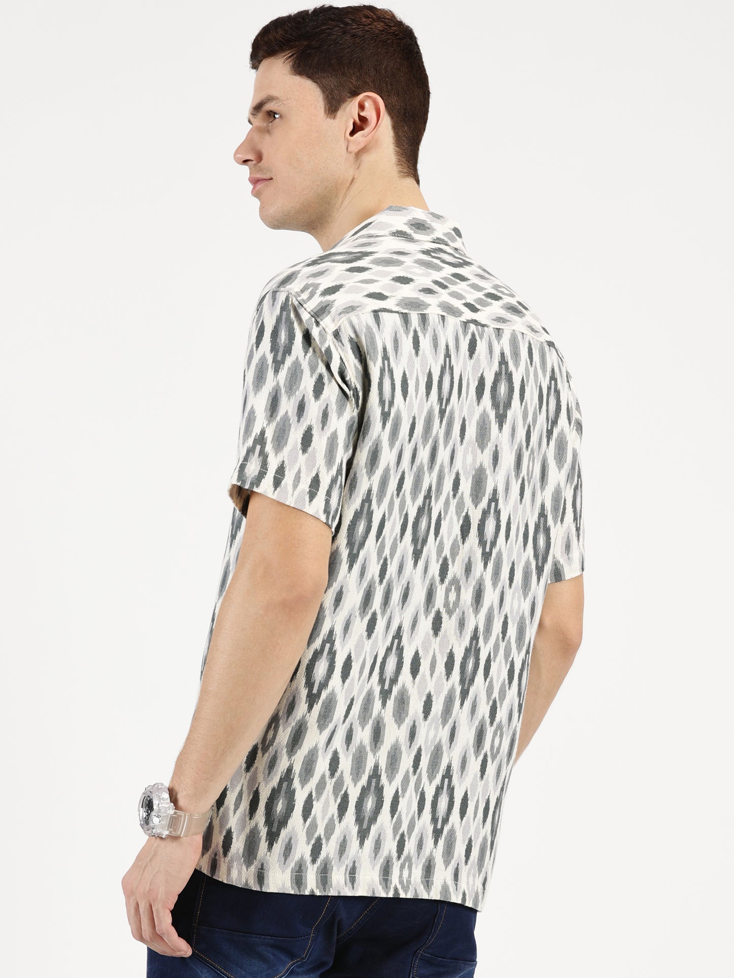 IKAAT PRINTED WHITE GREY CLASSIC COLLAR HALF SLEEVE OVERSIZE SHIRT