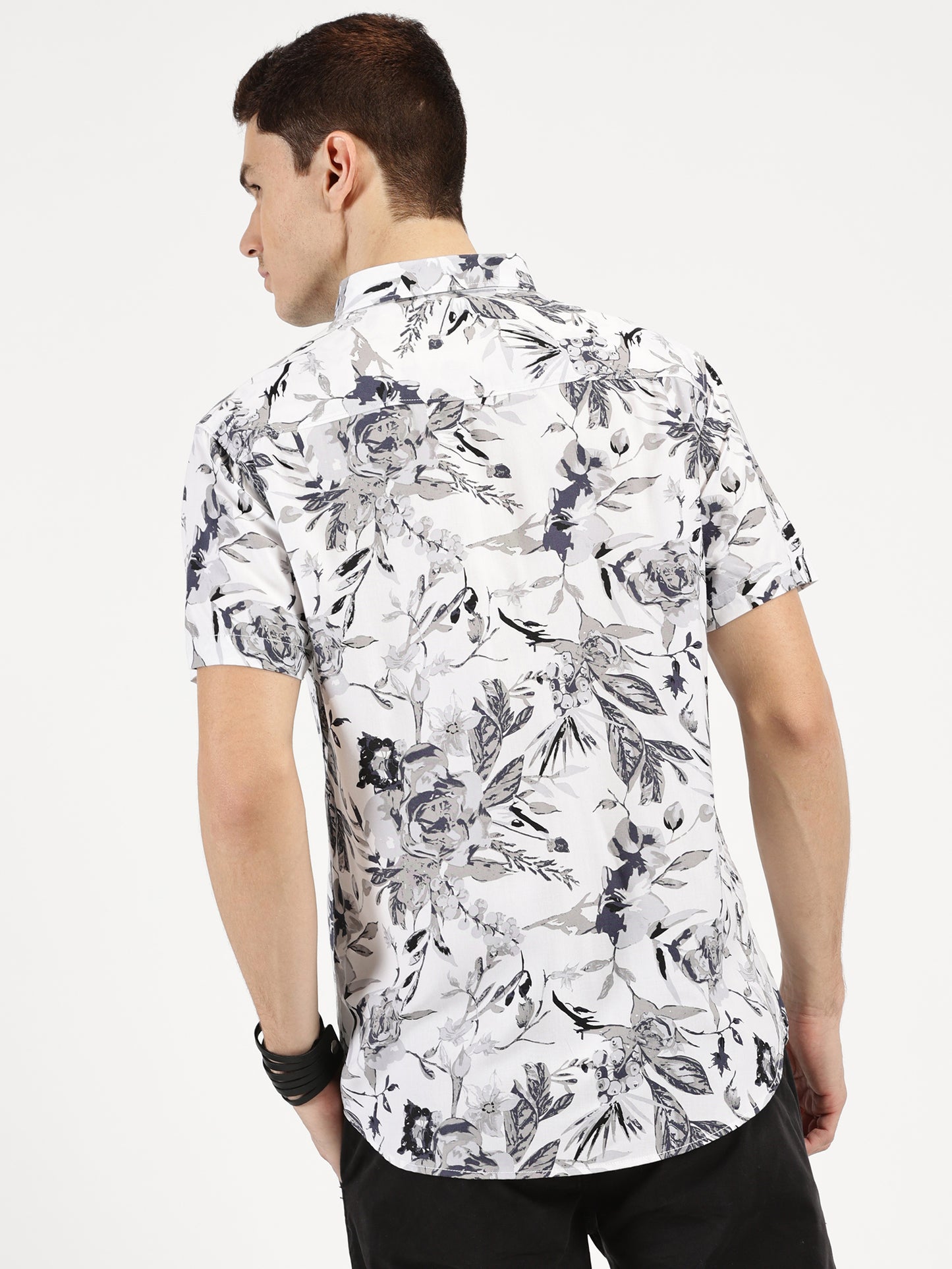 FLORAL PRINTED GREY CLASSIC COLLAR HALF SLEEVE SHIRT