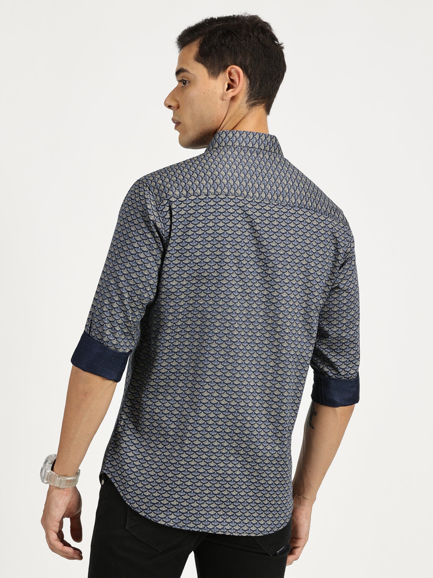 SHELL PRINTED BLUE BLACK CLASSIC COLLAR FULL SLEEVE SHIRT