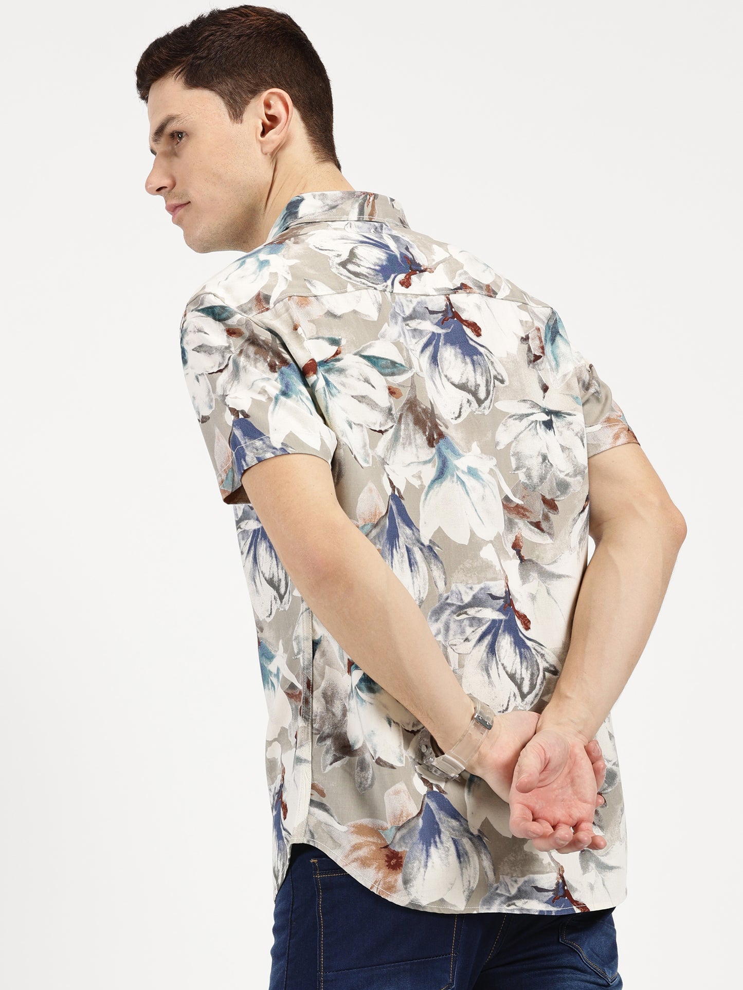 ABSTRACT FLOWER PRINTED CLASSIC COLLAR HALF SLEEVE SHIRT