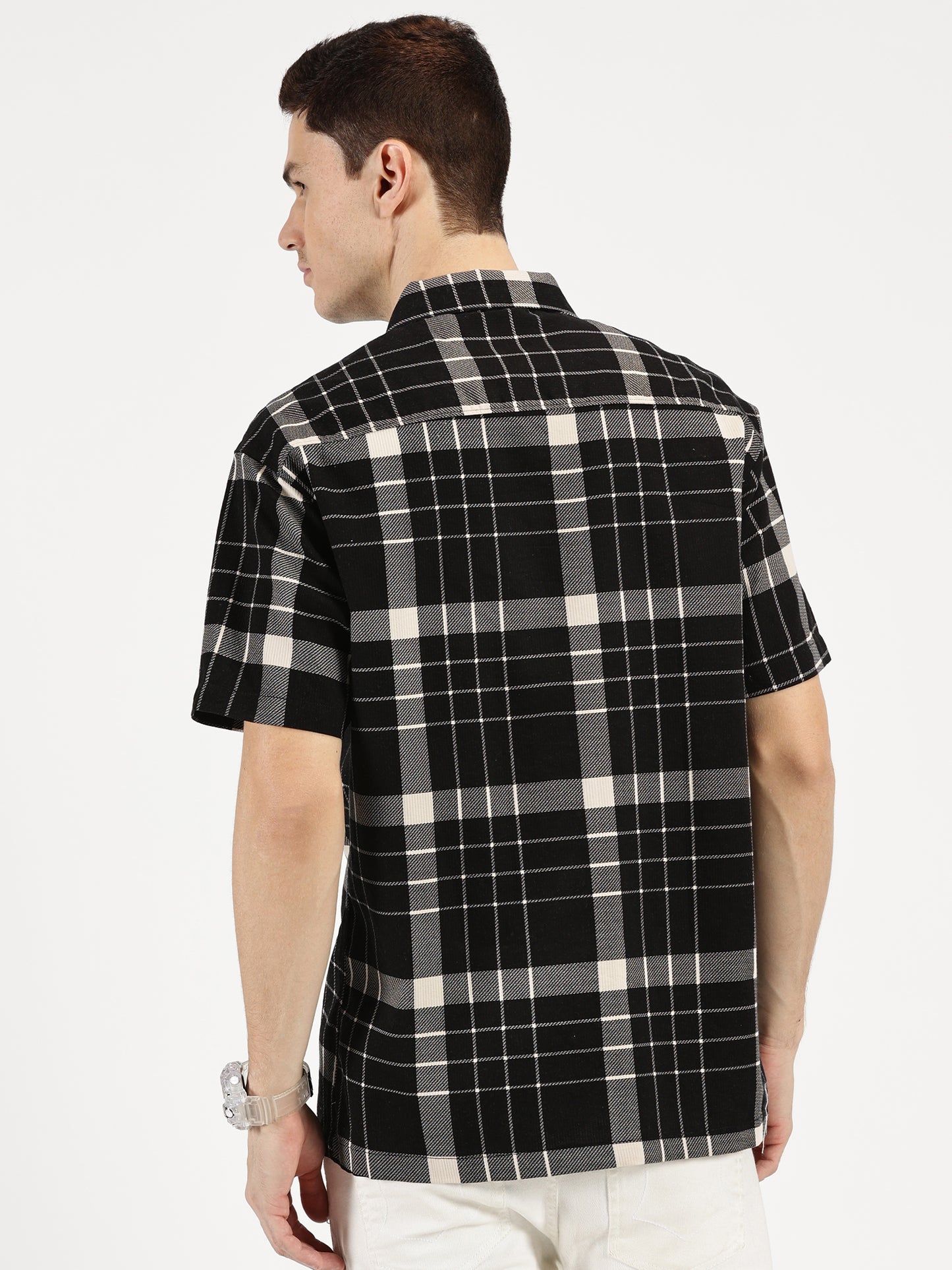 BLACK WHITE CHECKERED CLASSIC COLLAR HALF SLEEVE OVERSIZE SHIRT