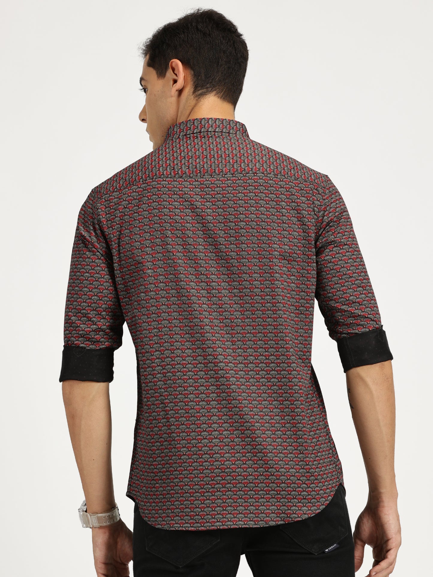 SHELL PRINTED RED BLACK CLASSIC COLLAR FULL SLEEVE SHIRT