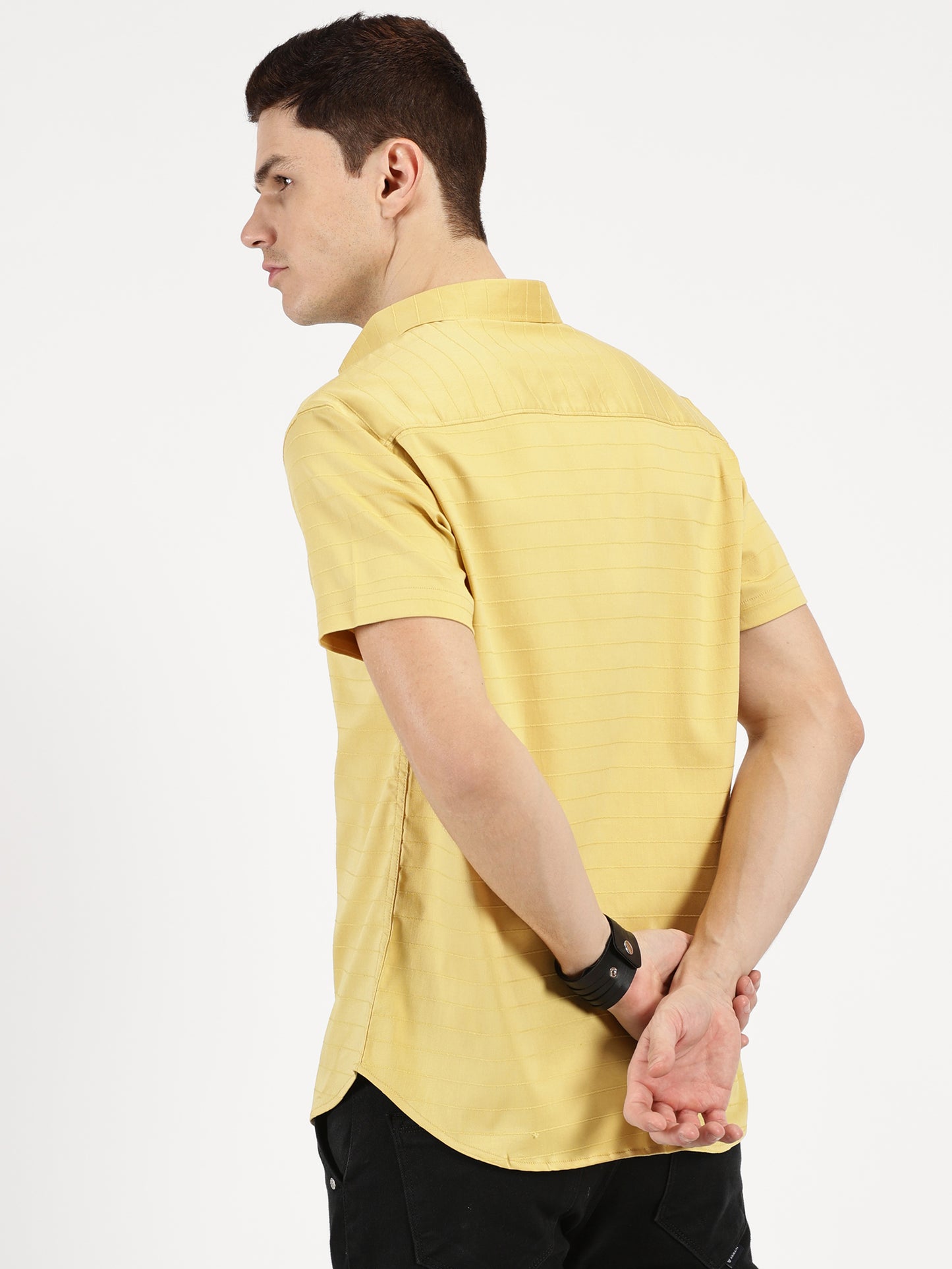 YELLOW SELF STRIPE CLASSIC COLLAR HALF SLEEVE SHIRT