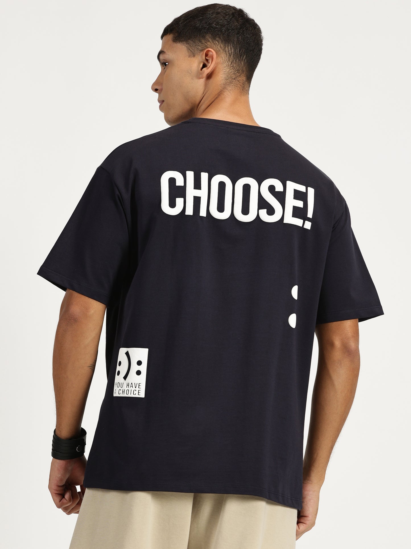 CHOOSE & SMILE PUFF PRINTED DARK BLUE OVERSIZED TSHIRT