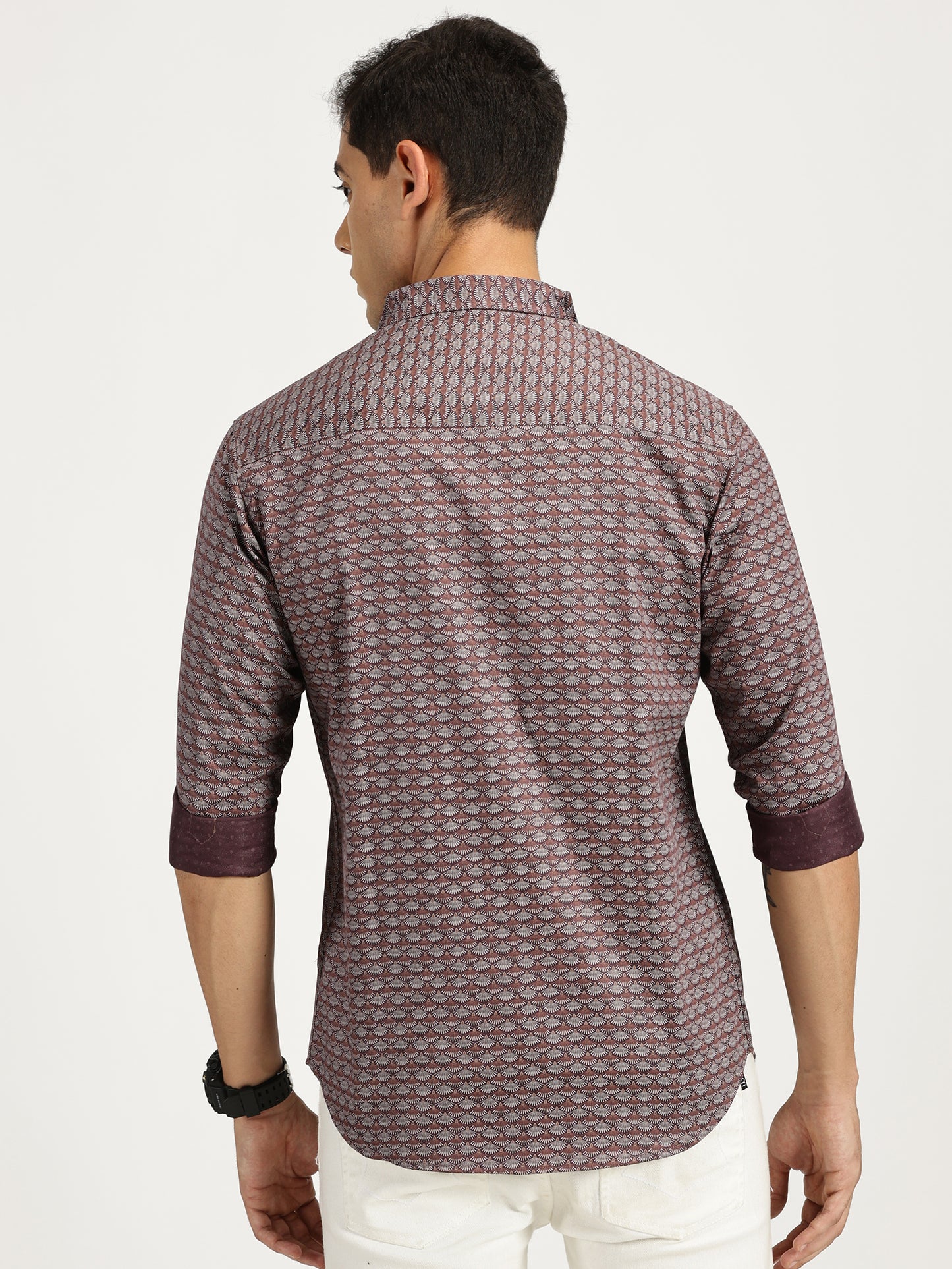 SHELL PRINTED BROWN CLASSIC COLLAR FULL SLEEVE SHIRT