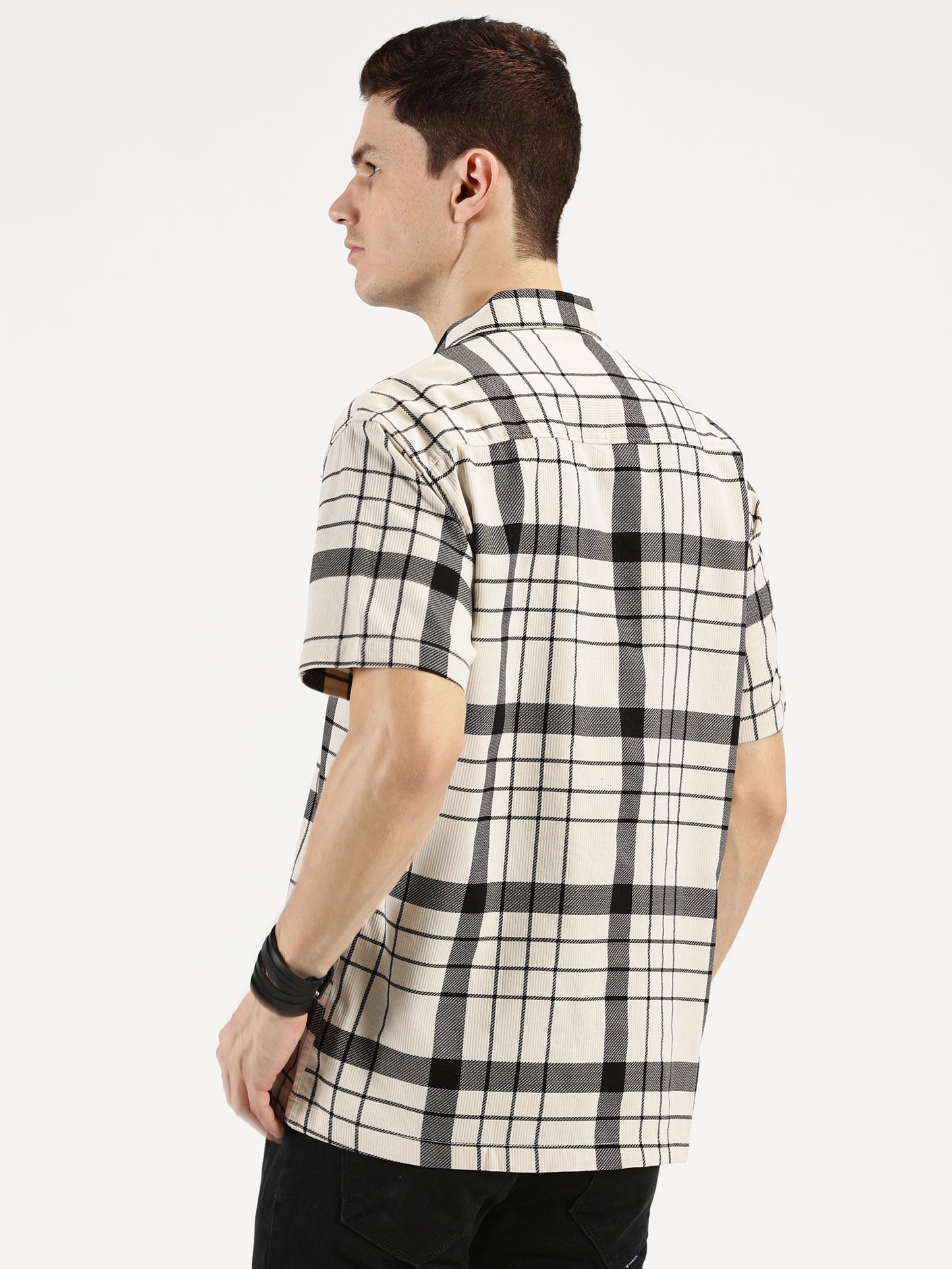 WHITE BLACK CHECKERED CLASSIC COLLAR HALF SLEEVE OVERSIZE SHIRT