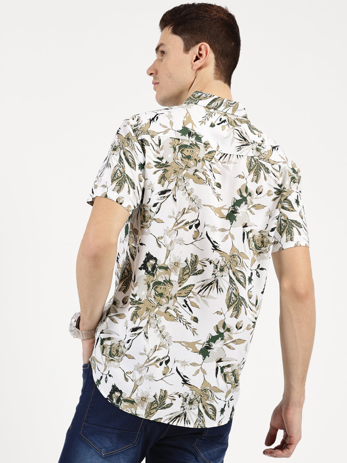 FLORAL PRINTED KHAKI CLASSIC COLLAR HALF SLEEVE SHIRT