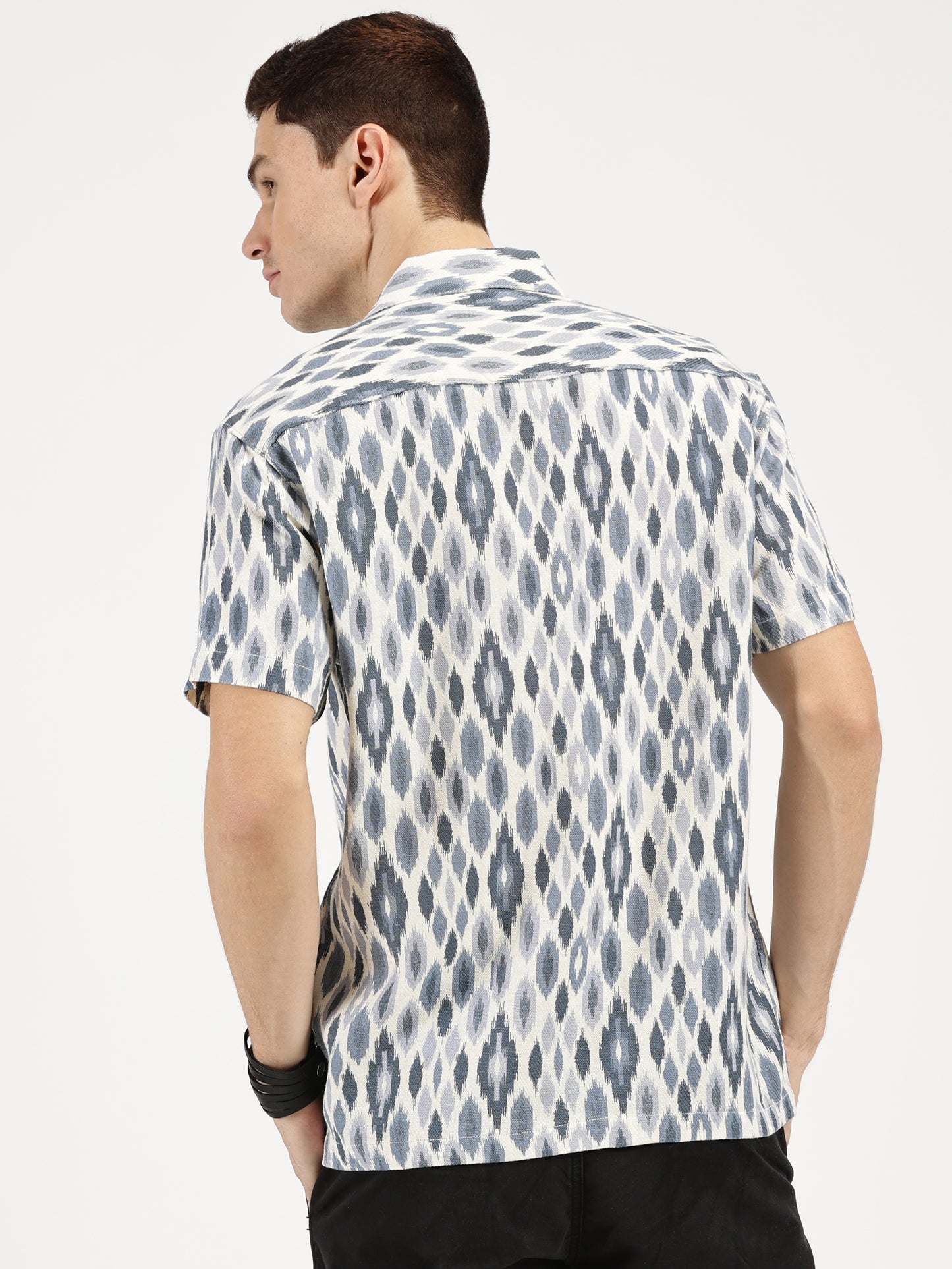 IKAAT PRINTED WHITE BLUE CLASSIC COLLAR HALF SLEEVE OVERSIZE SHIRT