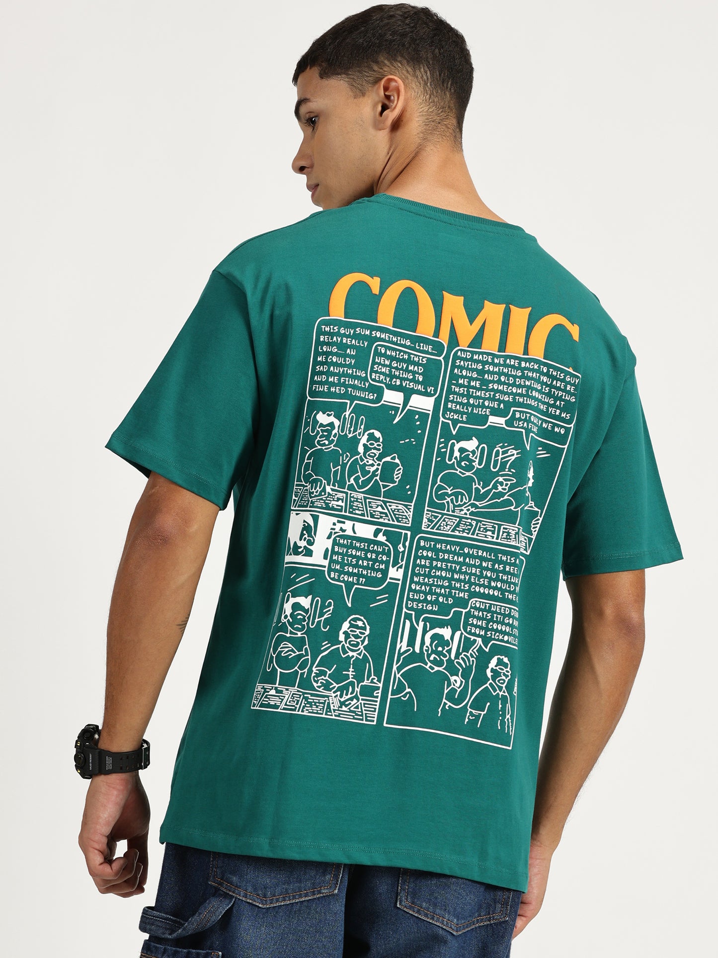 COMIC PRINTED GREEN OVERSIZED TSHIRT