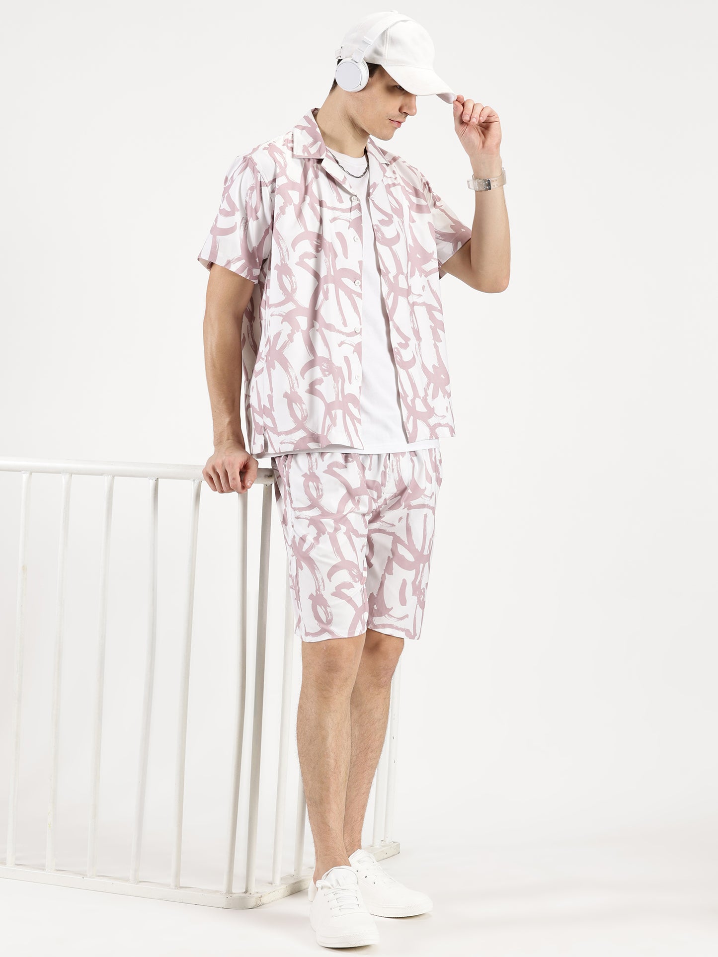 ABSTRACT PRINTED MAUVE-WHITE CO-ORDS SET