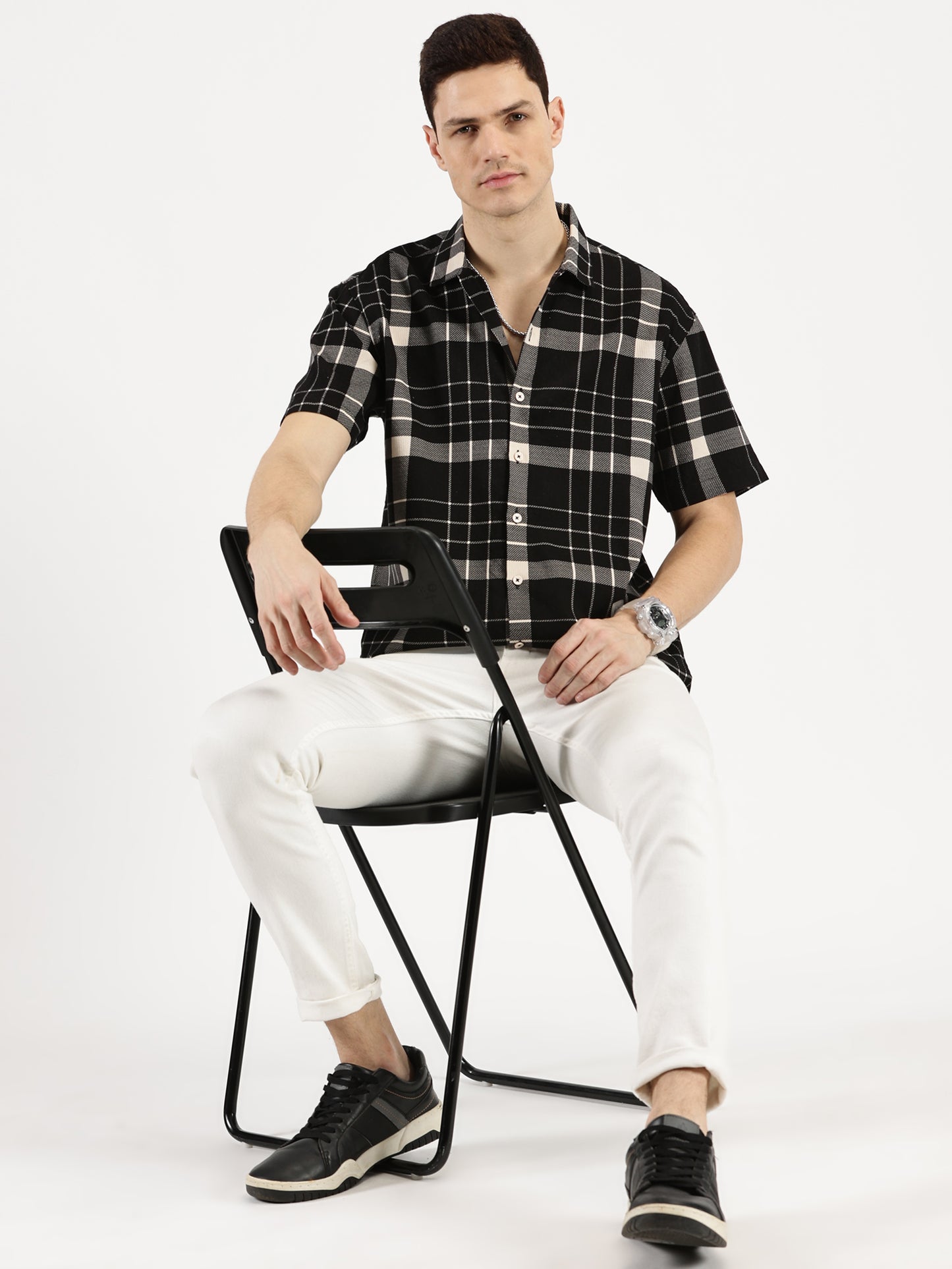 BLACK WHITE CHECKERED CLASSIC COLLAR HALF SLEEVE OVERSIZE SHIRT