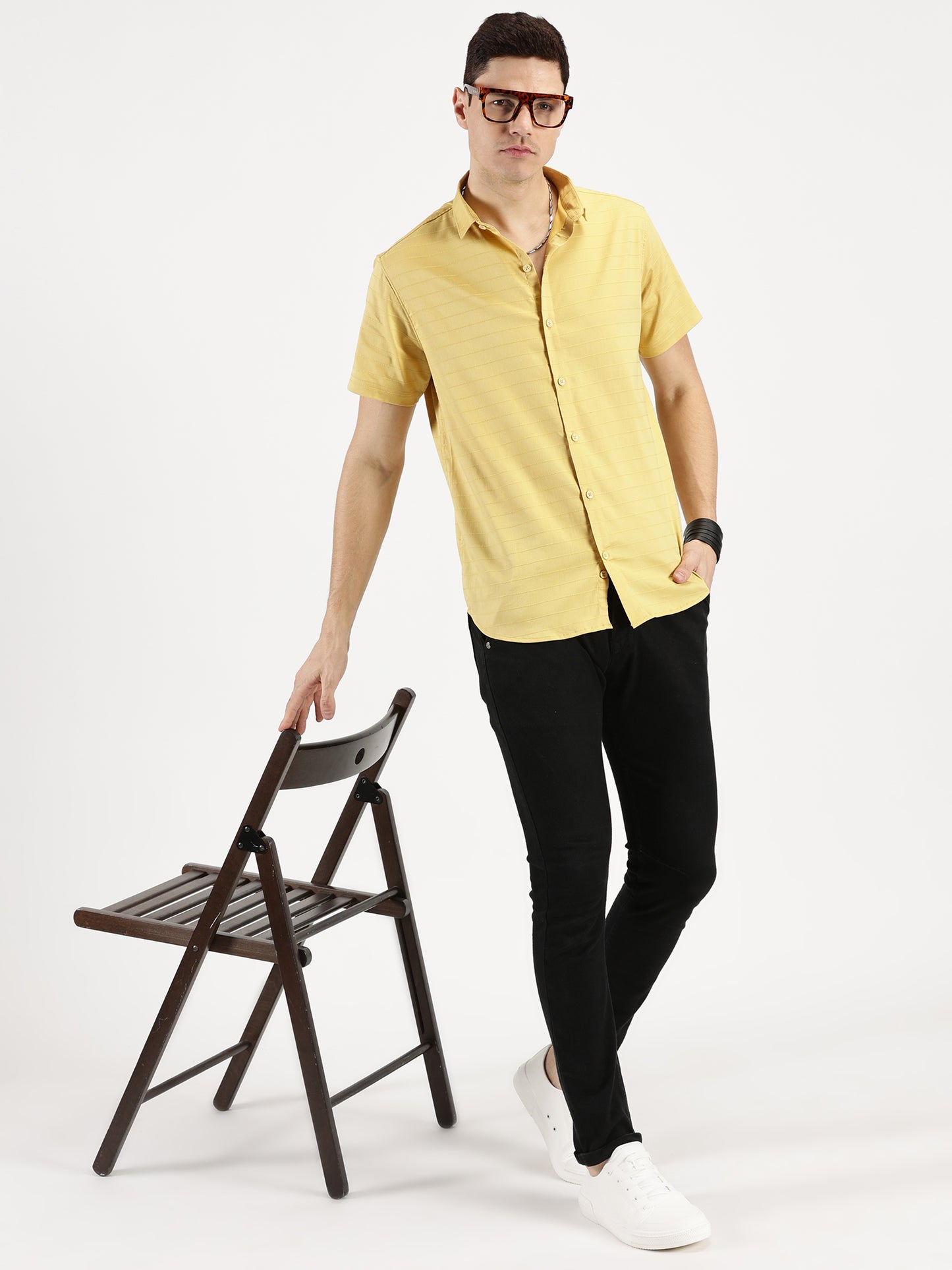 YELLOW SELF STRIPE CLASSIC COLLAR HALF SLEEVE SHIRT