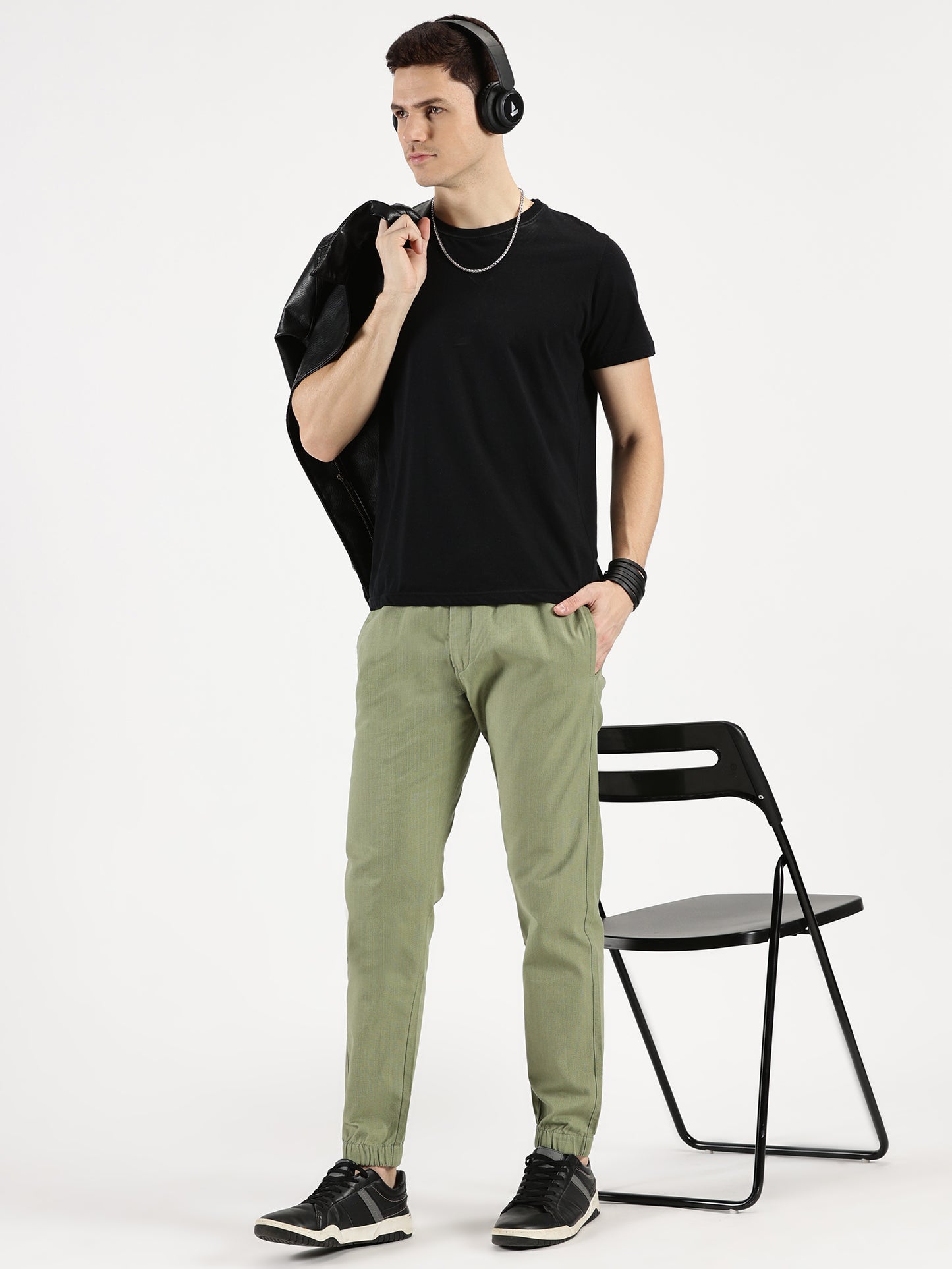 MEN'S TEXTILE JOGGERS OLIVE FULL LENGTH ELASTIC BOTTOM