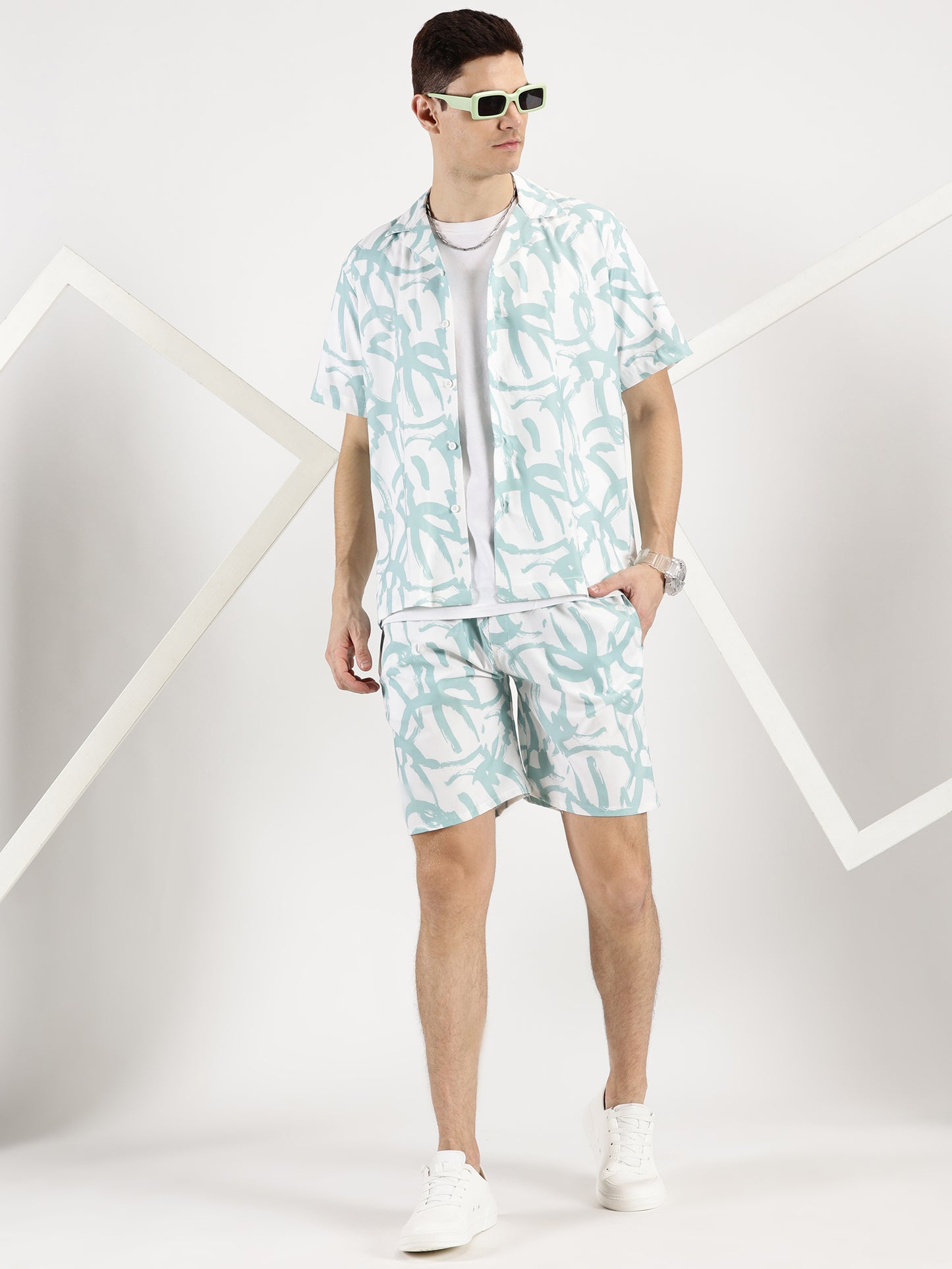 ABSTRACT PRINTED WHITE-GREEN CO-ORDS SET