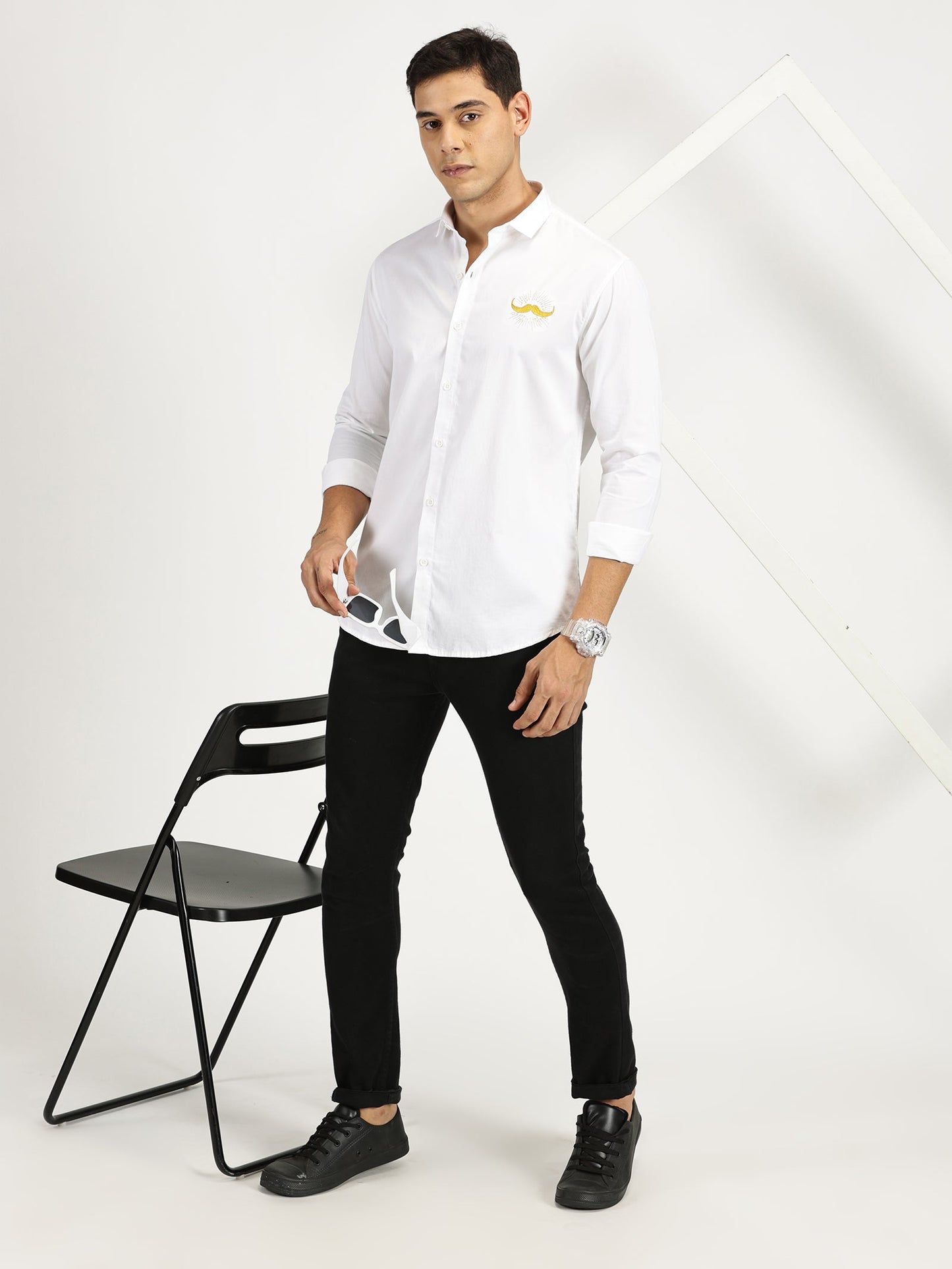 MOUSTACHE EMBROIDERED WHITE CLASSIC COLLAR FULL SLEEVE SHIRT