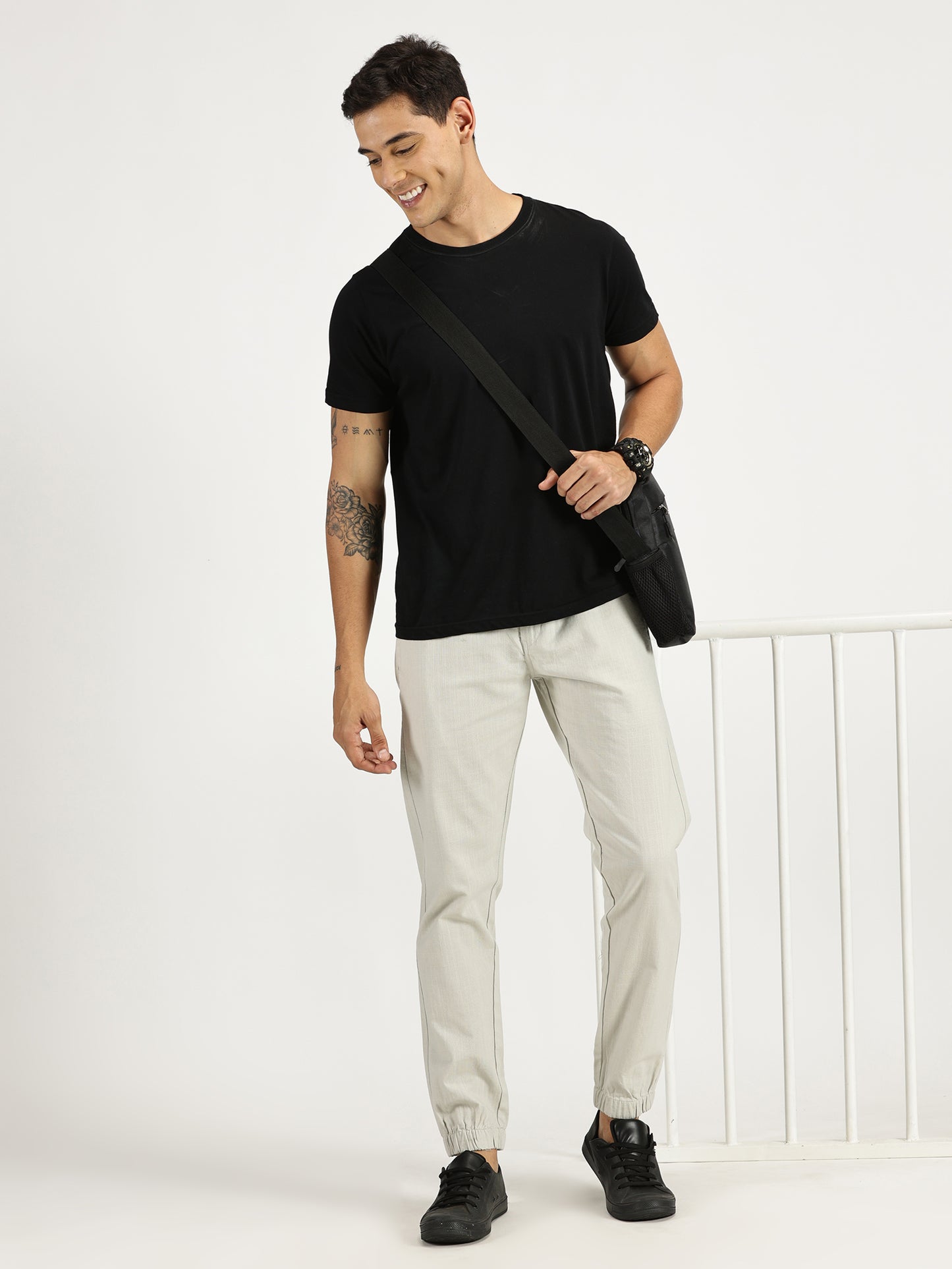 MEN'S TEXTILE JOGGERS GREY FULL LENGTH ELASTIC BOTTOM