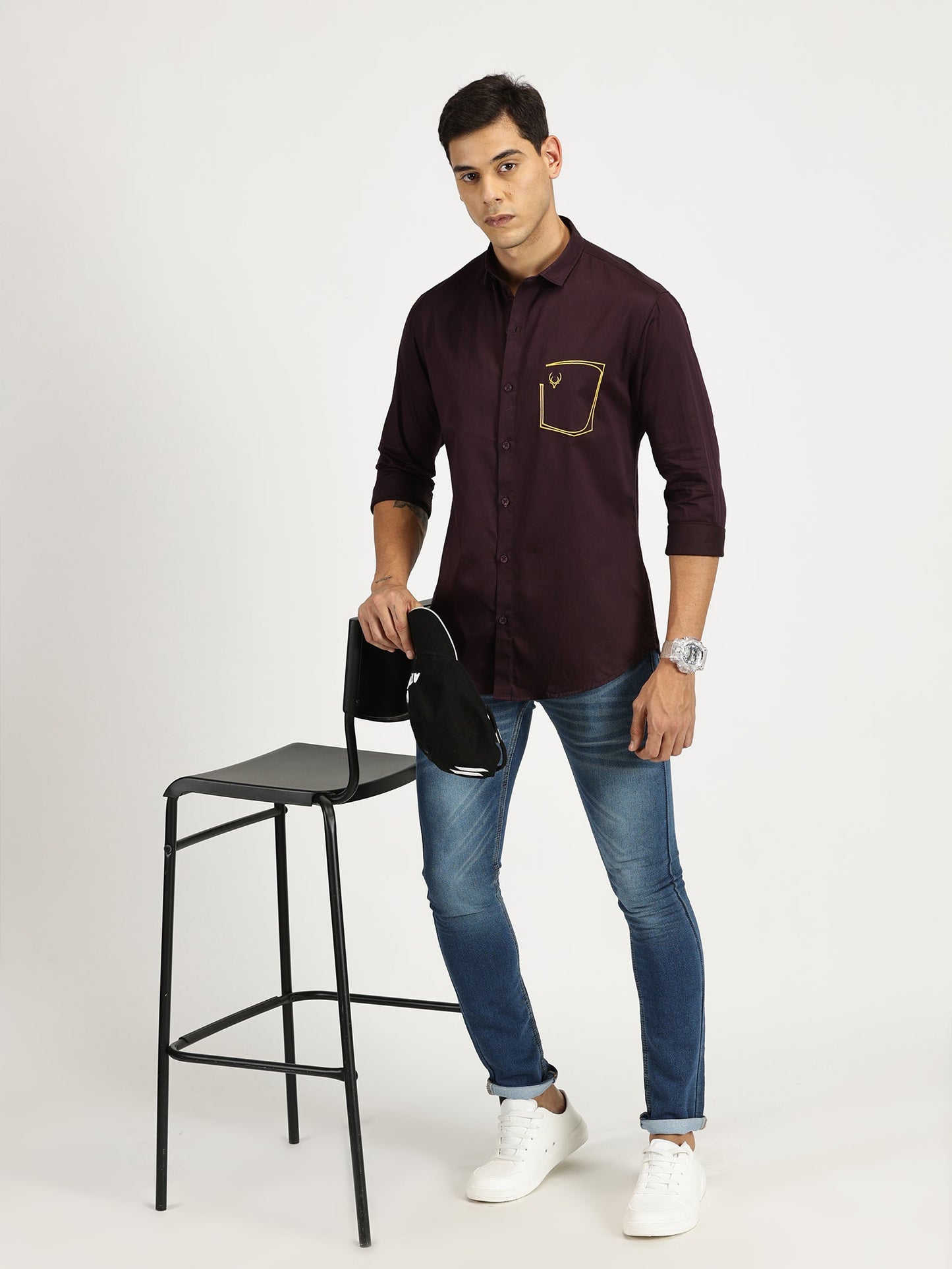 POCKET EMBROIDED PURPLE CLASSIC COLLAR FULL SLEEVE SHIRT