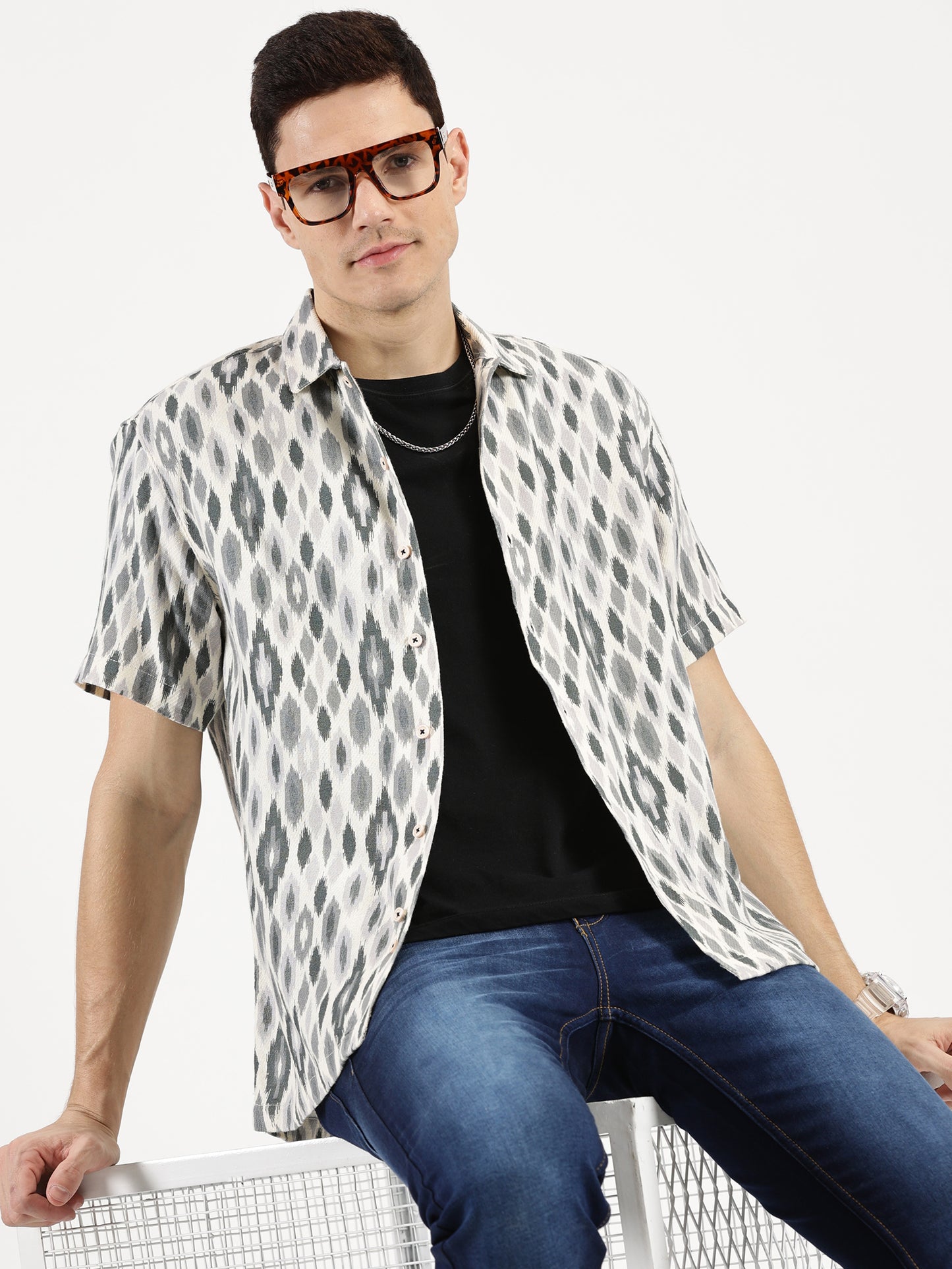 IKAAT PRINTED WHITE GREY CLASSIC COLLAR HALF SLEEVE OVERSIZE SHIRT