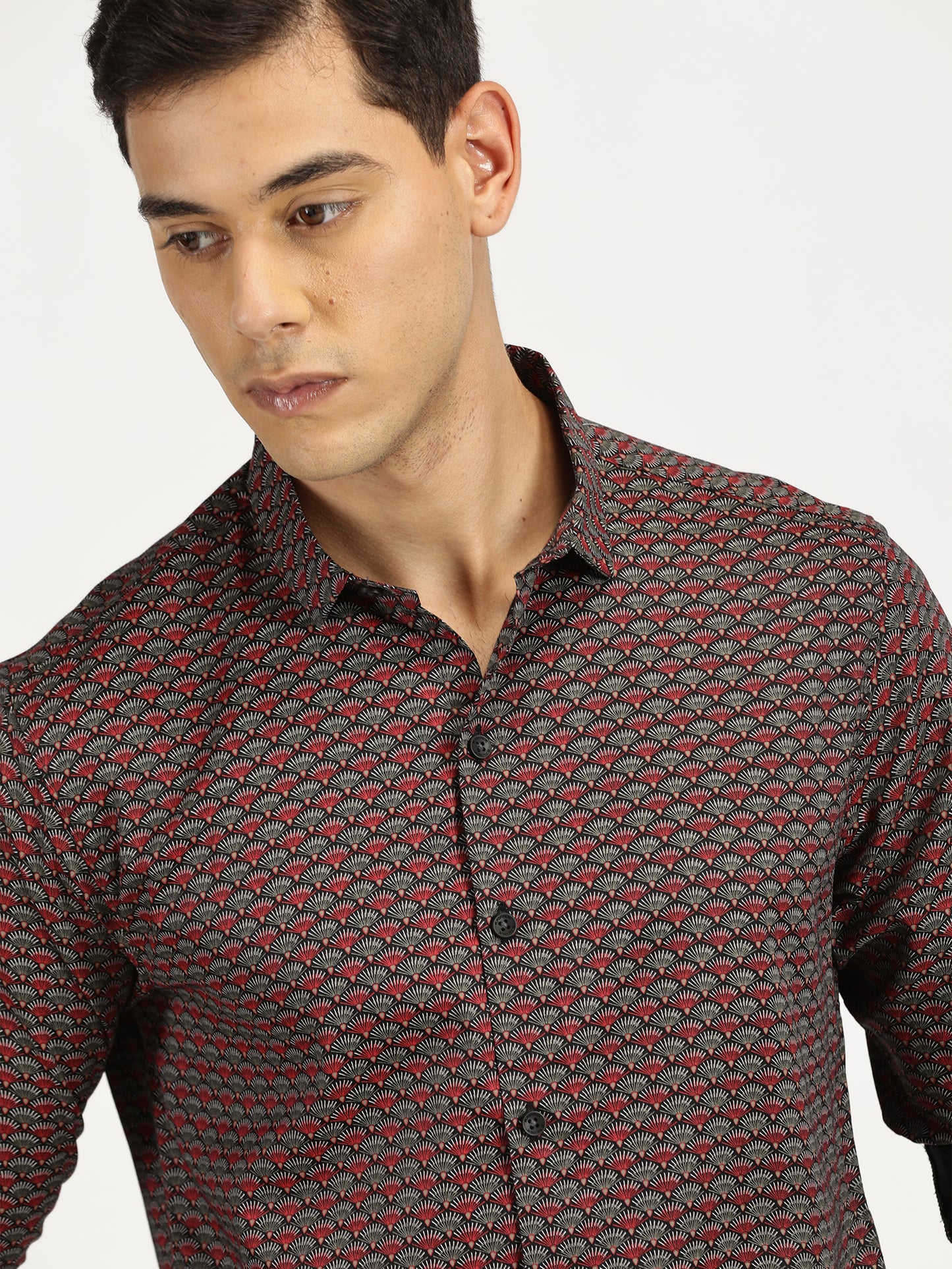 SHELL PRINTED RED BLACK CLASSIC COLLAR FULL SLEEVE SHIRT