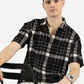 BLACK WHITE CHECKERED CLASSIC COLLAR HALF SLEEVE OVERSIZE SHIRT