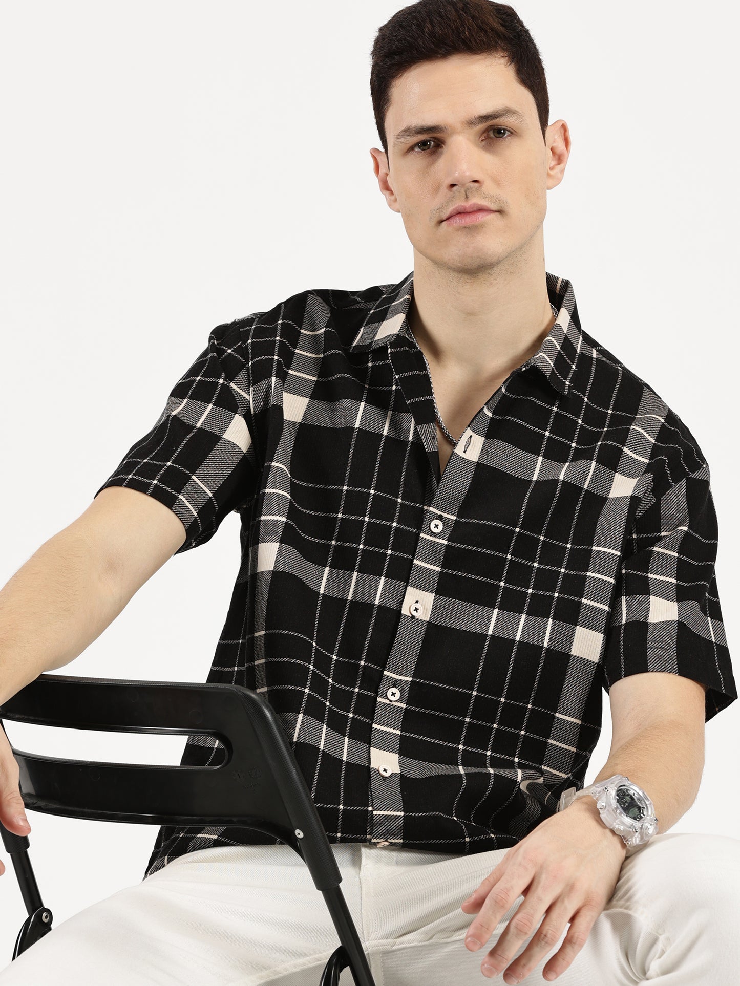 BLACK WHITE CHECKERED CLASSIC COLLAR HALF SLEEVE OVERSIZE SHIRT