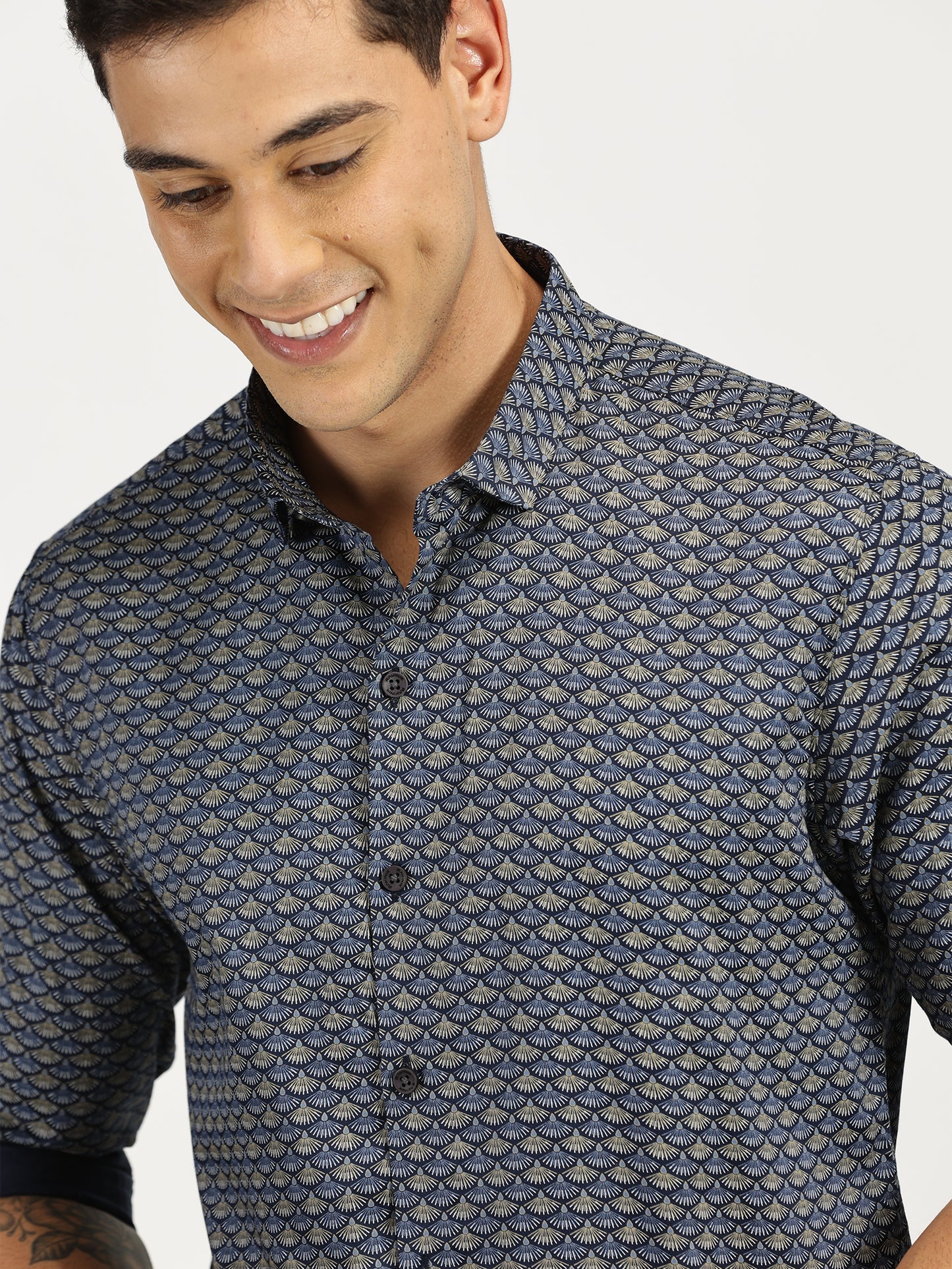 SHELL PRINTED BLUE BLACK CLASSIC COLLAR FULL SLEEVE SHIRT