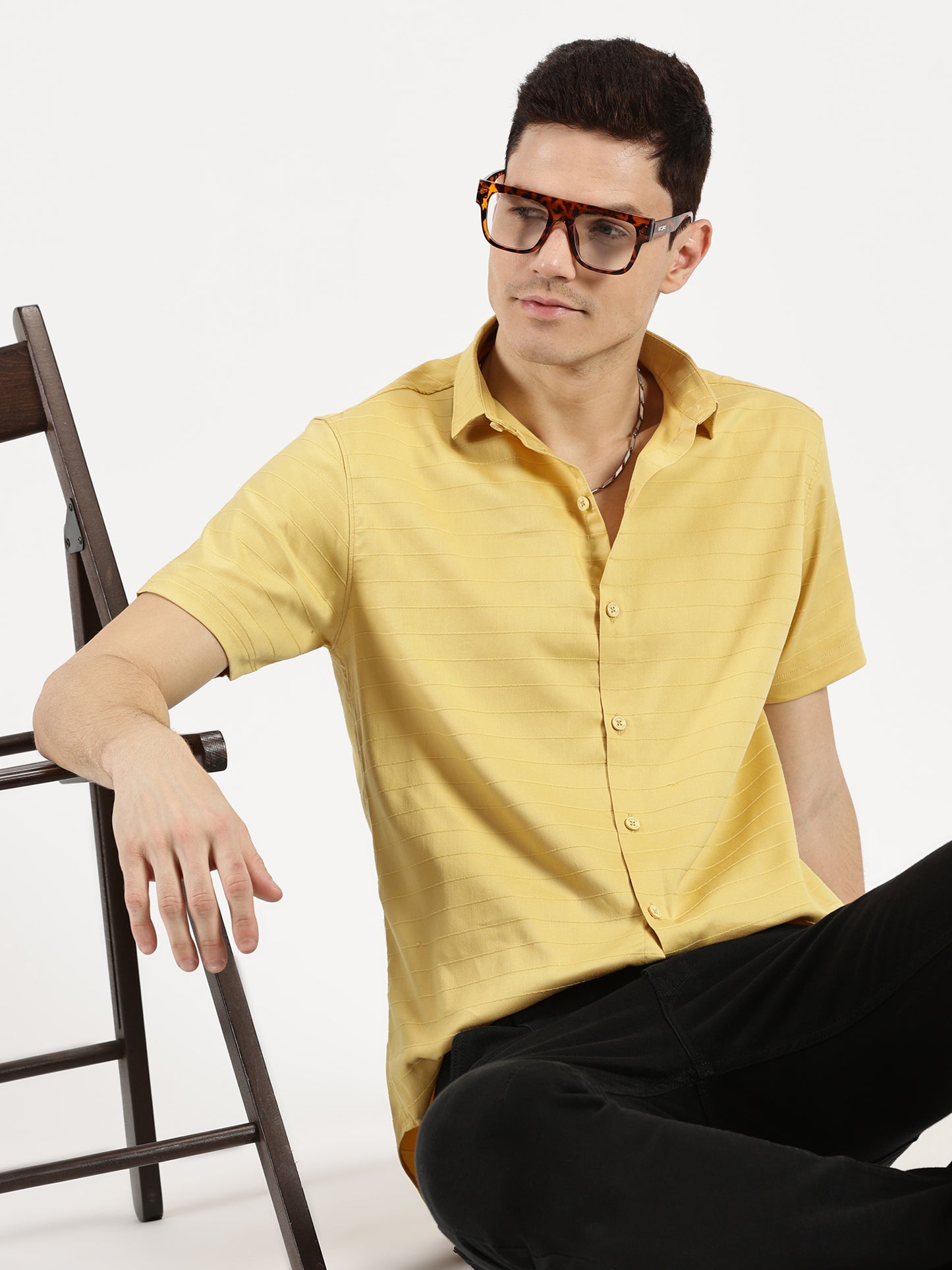 YELLOW SELF STRIPE CLASSIC COLLAR HALF SLEEVE SHIRT