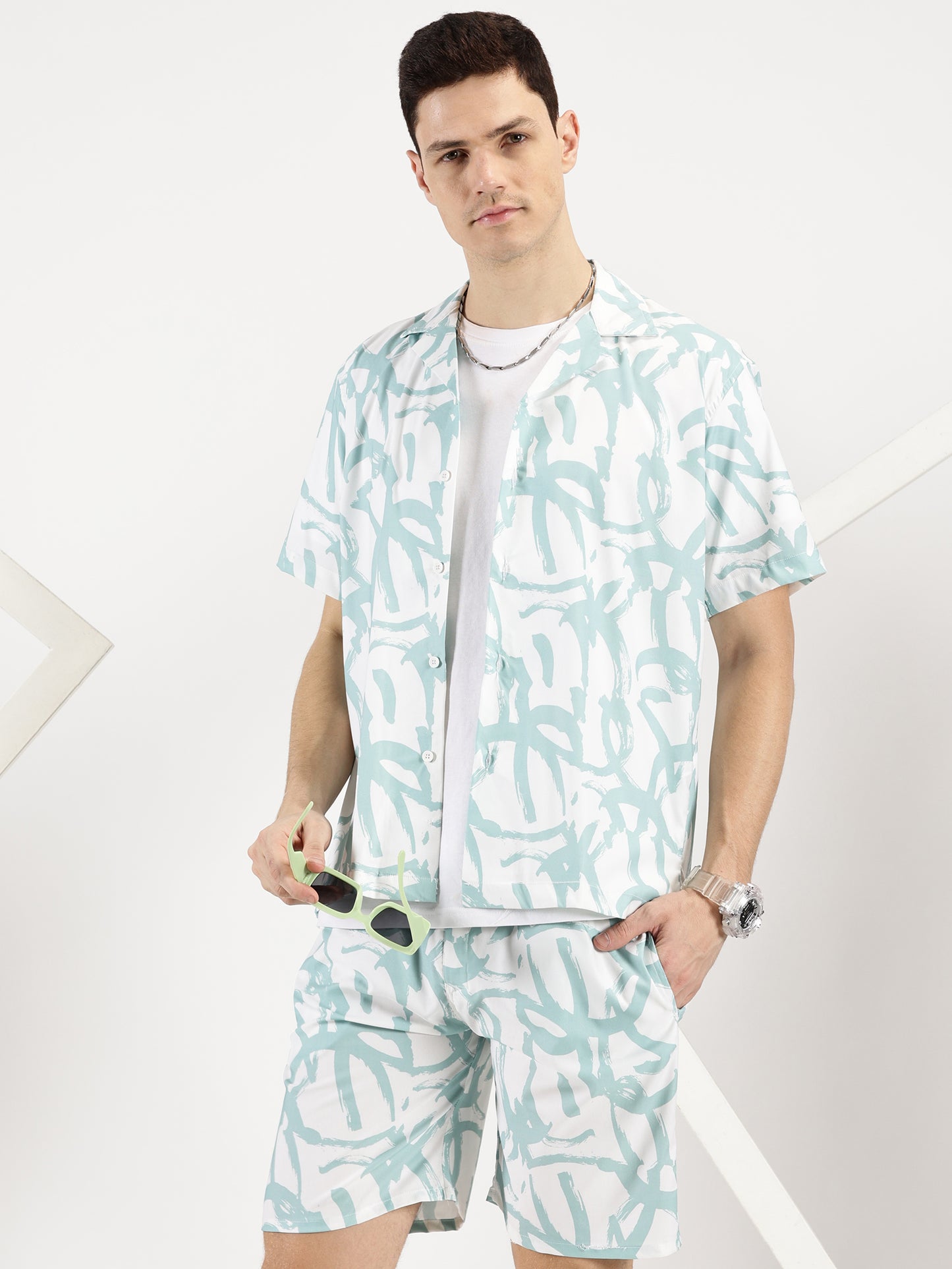 ABSTRACT PRINTED WHITE-GREEN CO-ORDS SET