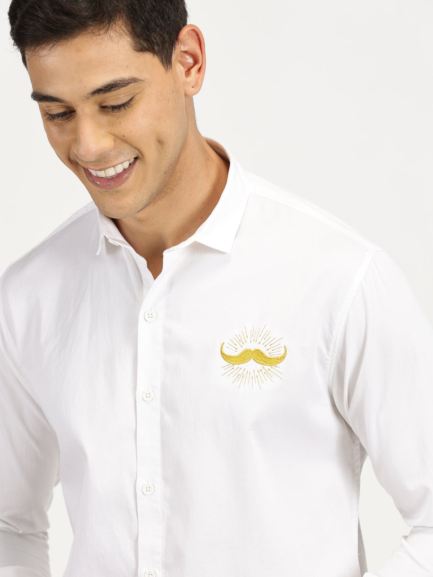 MOUSTACHE EMBROIDERED WHITE CLASSIC COLLAR FULL SLEEVE SHIRT