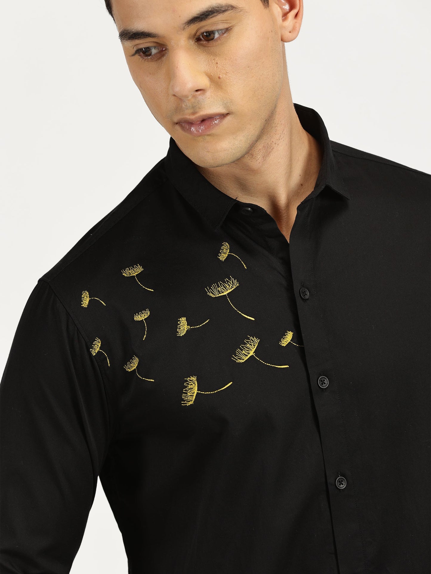 FLOWER EMBROIDERED BLACK CLASSIC COLLAR FULL SLEEVE SHIRT