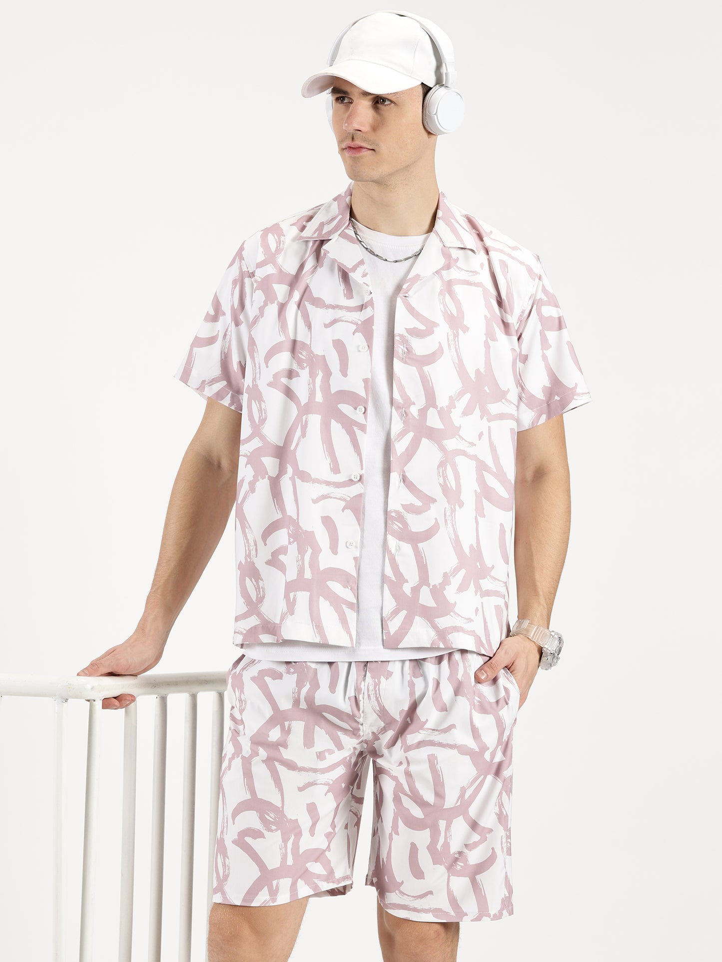 ABSTRACT PRINTED MAUVE-WHITE CO-ORDS SET