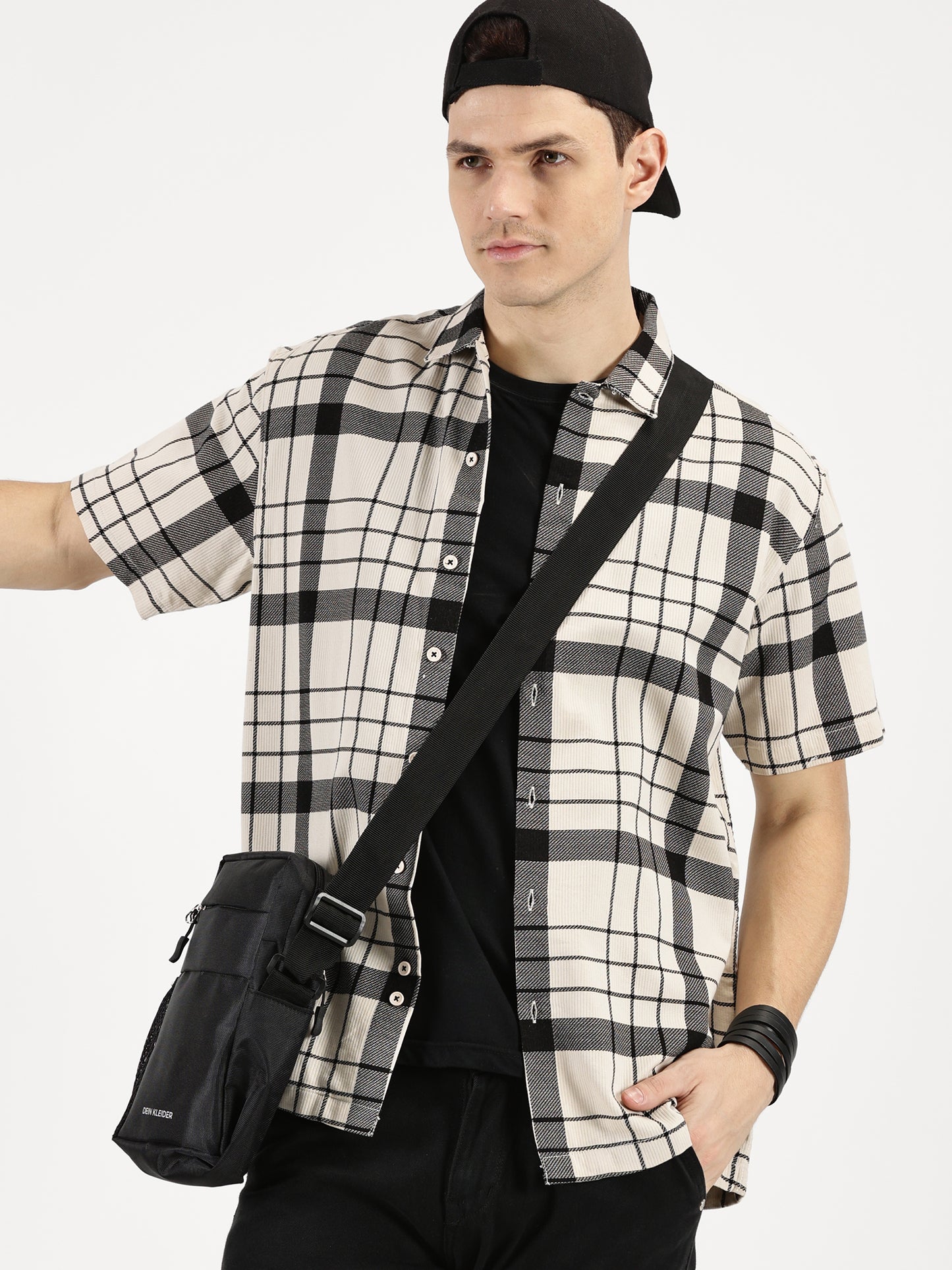 WHITE BLACK CHECKERED CLASSIC COLLAR HALF SLEEVE OVERSIZE SHIRT