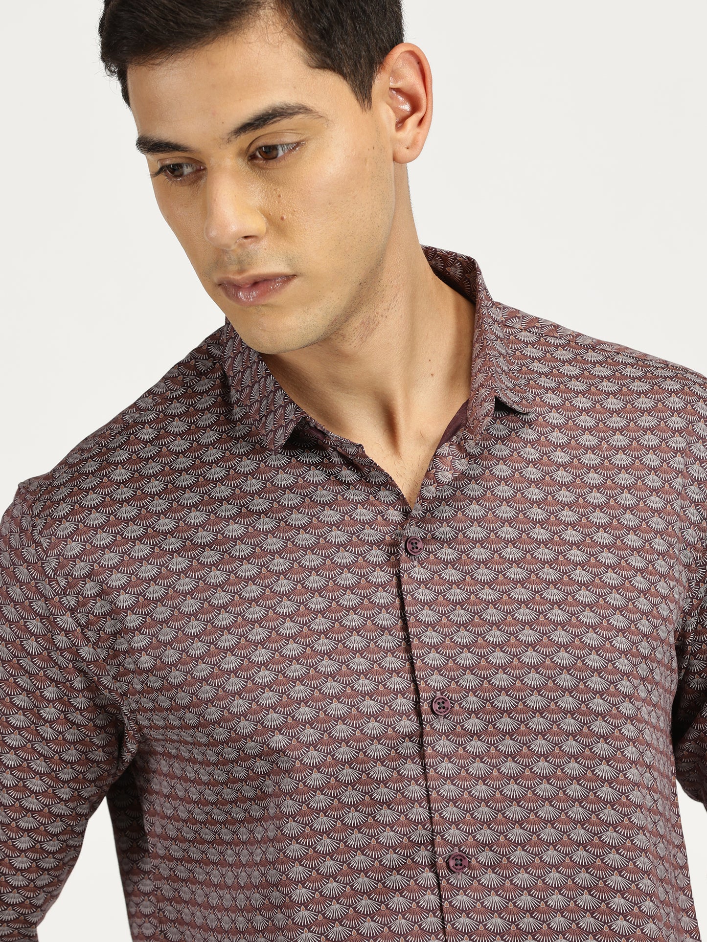 SHELL PRINTED BROWN CLASSIC COLLAR FULL SLEEVE SHIRT