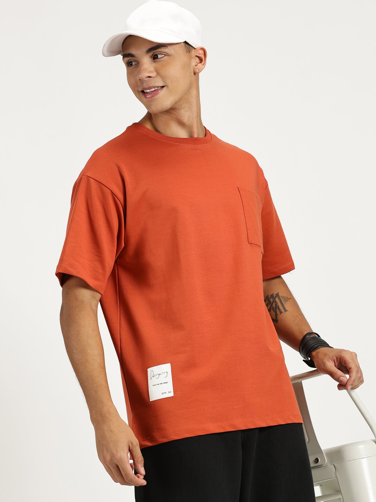 SOLID ORANGE OVERSIZED TSHIRT WITH POCKET