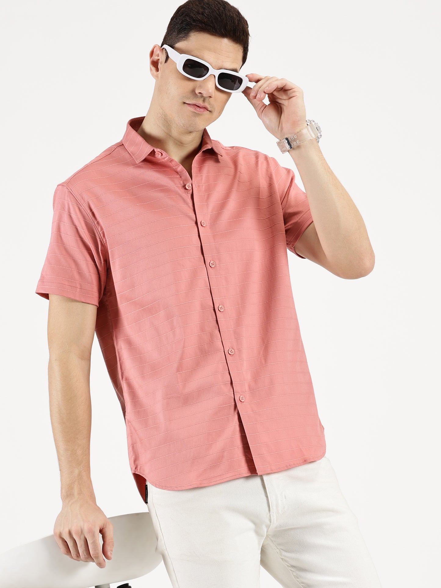 PINK SELF STRIPE CLASSIC COLLAR HALF SLEEVE SHIRT