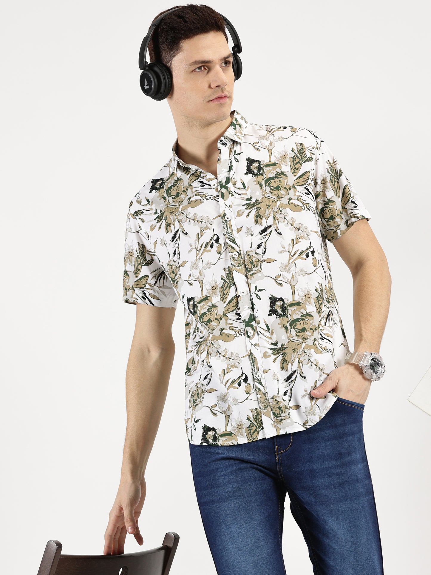 FLORAL PRINTED KHAKI CLASSIC COLLAR HALF SLEEVE SHIRT