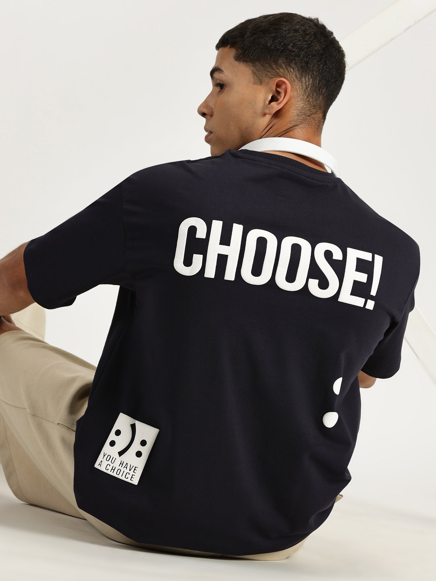 CHOOSE & SMILE PUFF PRINTED DARK BLUE OVERSIZED TSHIRT